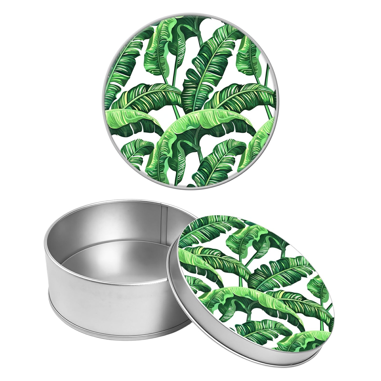 Round Metal Tin Container with Removable Lid, Green Leafs Durable Metal Storage Box for Crafts Snacks Candies Office Supplies Small Items 3.54 x 1.38 inch– Single Pack