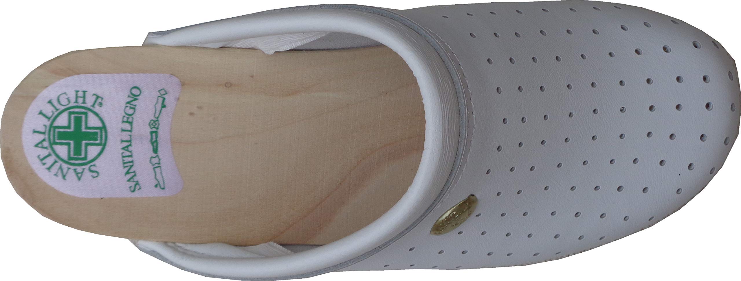 Sanitella 2350, weiße Hausschuhe mit Innensohle aus Echtholz, leichter Schuhboden, mikro-perforiertes Obermaterial aus Leder