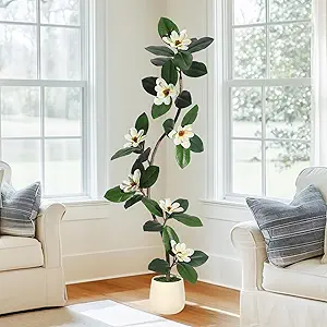Rubber Tree 5FT Artificial Tree in White Planter Pot,Faux Plants Indoor Faux Floor Plant Artificial Plants with 7 Pcs Magnolia Flowers for Home Decor, Artificial Fiddle Leaf Fig Tree for Office