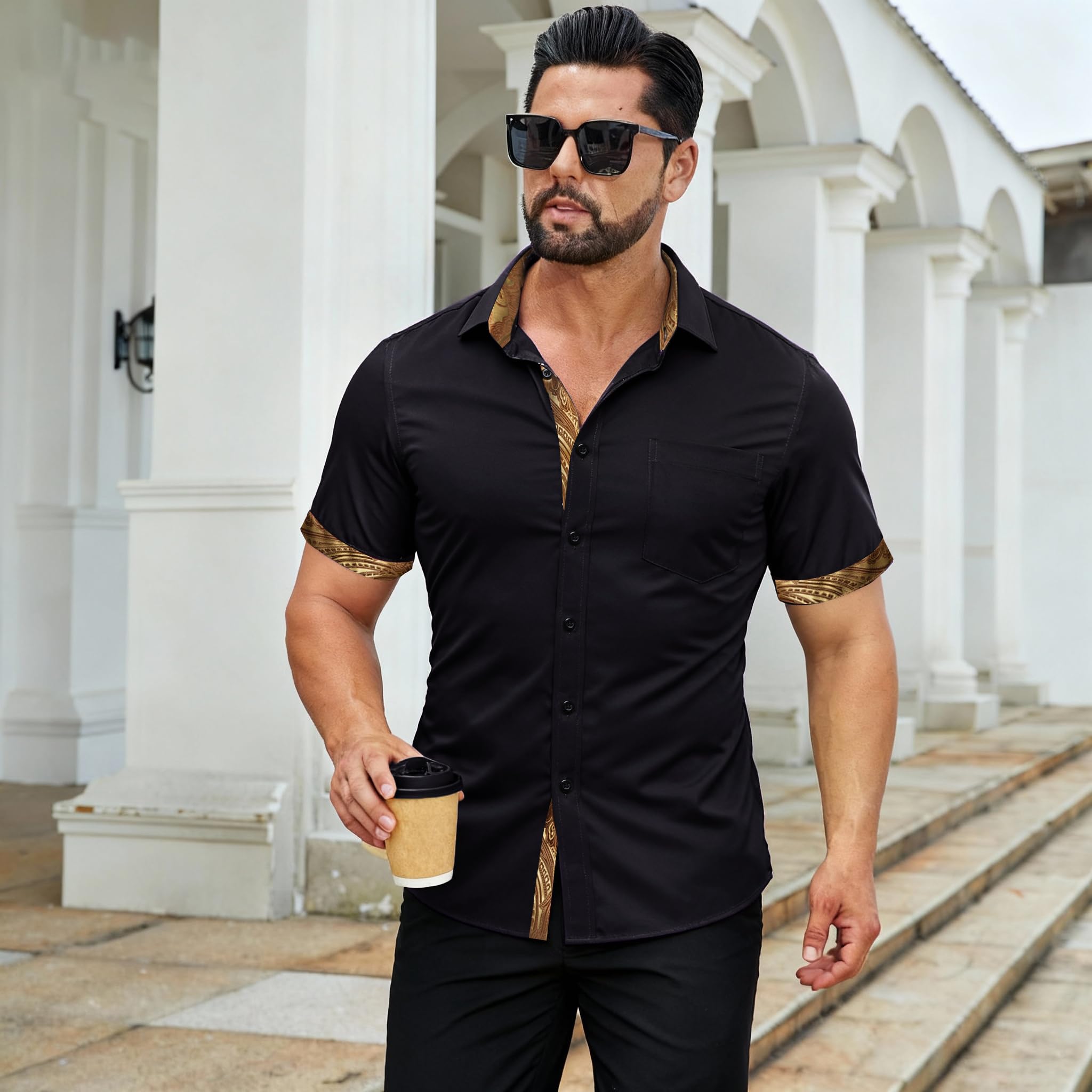 Barry.Wang Chemise à manches courtes boutonnée pour homme - Style formel - Décontracté - Coupe contrastée - Pour l'été, le travail, le mariage, le yacht