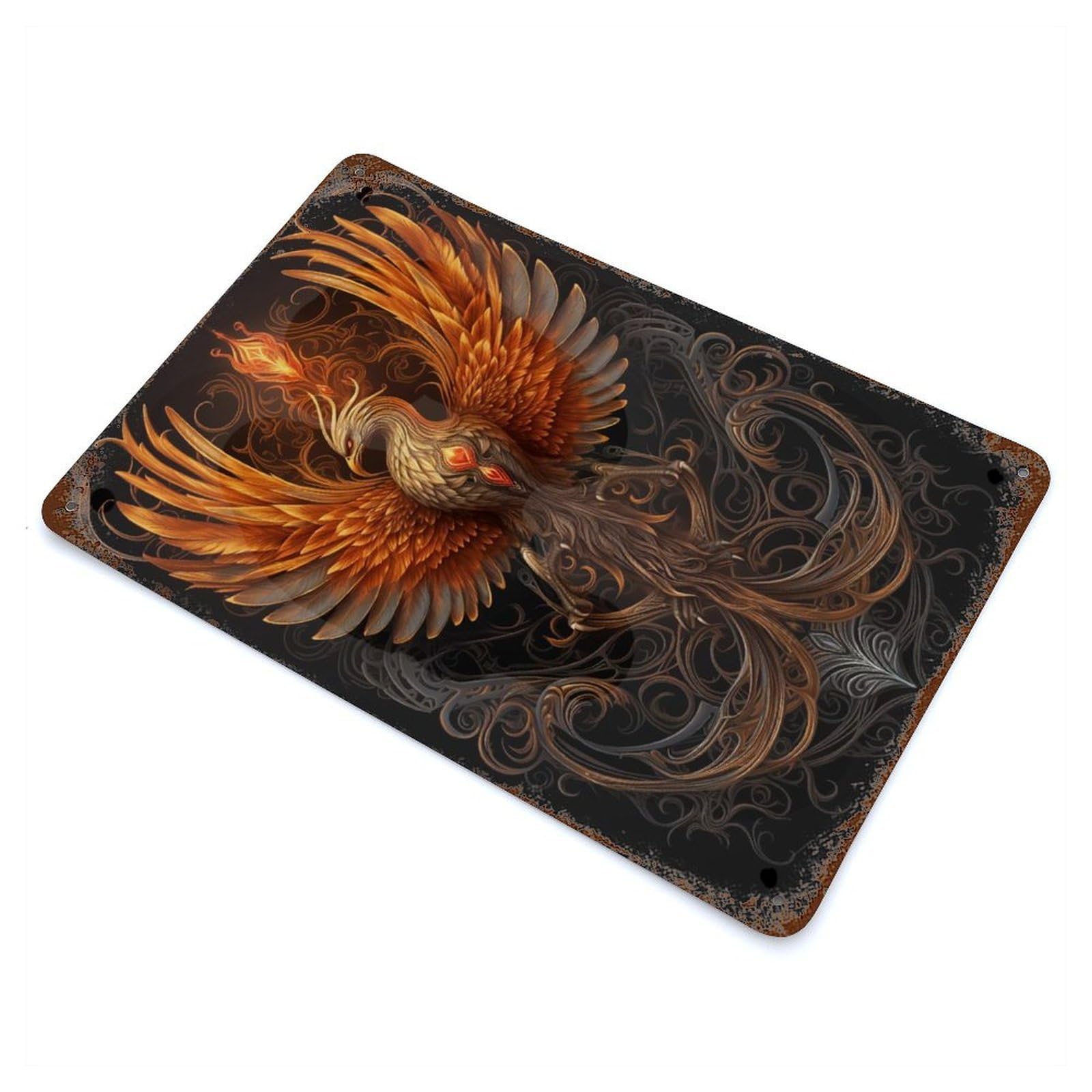 Rust Effect Golden Phoenix Bird Decorative Tin Sign 11.8"x7.9", Classic Wall Plaque for Pub, Kitchen And Man Cave Decor