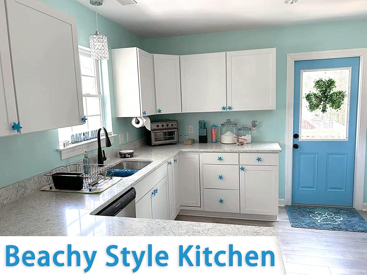 Starfish Drawer Pulls and Knobs 8Pack Glittery Animal Cabinet Knobs Cute Pulls for Kitchen Bathroom Dresser Blue Ocean Beach Theme Handles