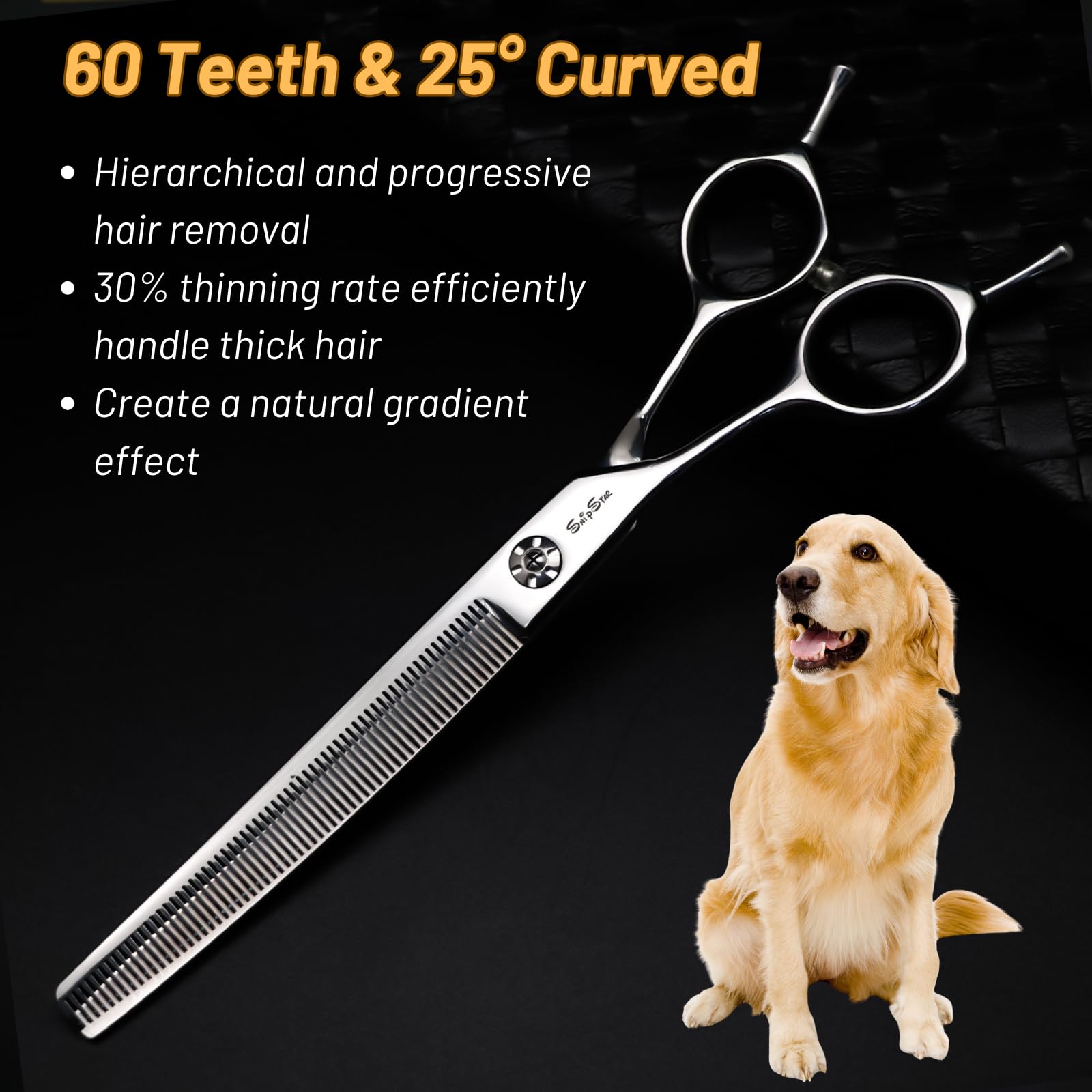 7 pouces Pet Grooming amincissement ciseaux 25 degrés courbes gauche 65 dents ciseaux chien, taux d'amincissement 30%
