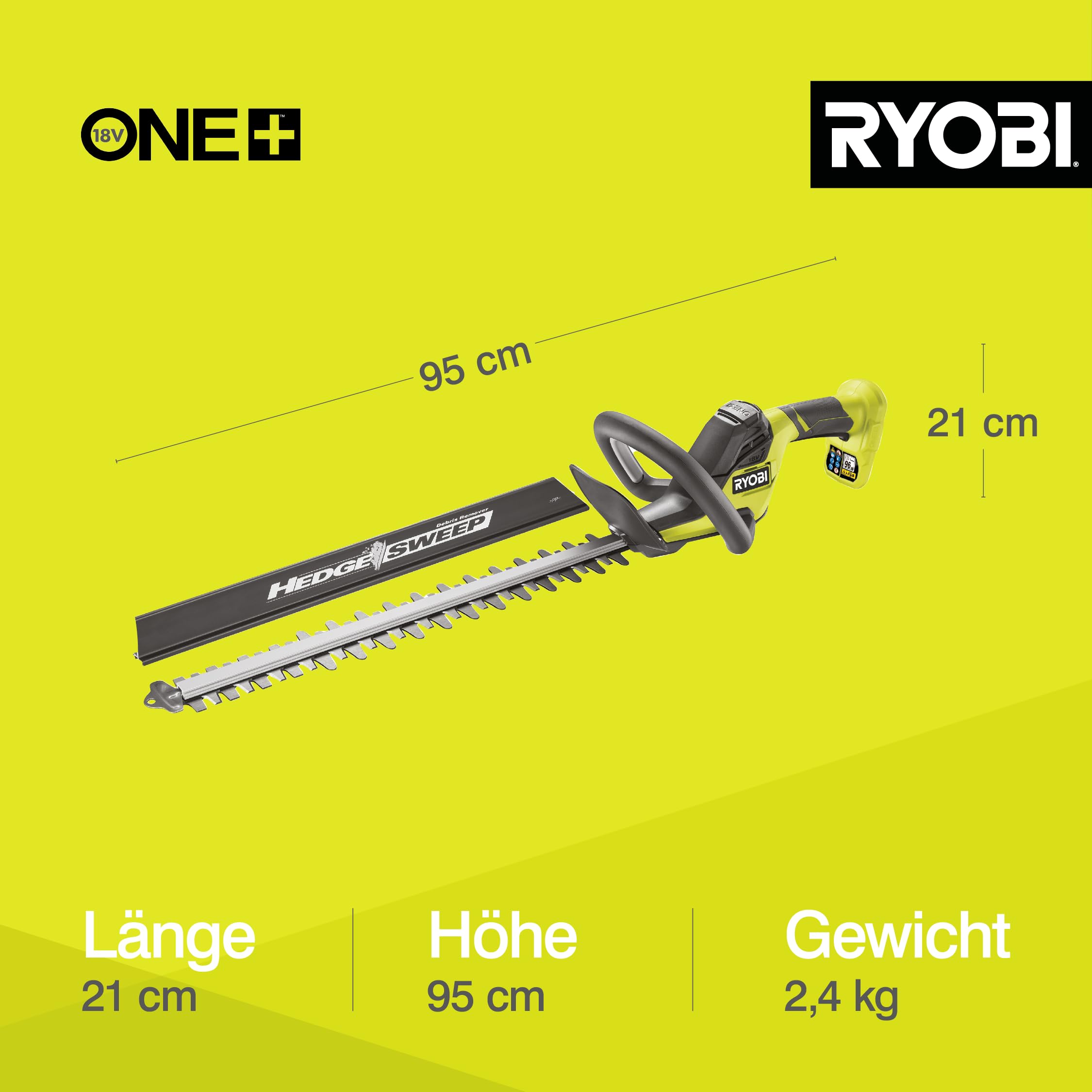 RYOBI 18 V ONE+ Akku-Heckenschere RY18HT50A-0 (Schnittgeschwindigkeit 1350 U/min, Messerlänge 50 cm, 24 mm Messerabstand, ohne Akku & Ladegerät im Karton)