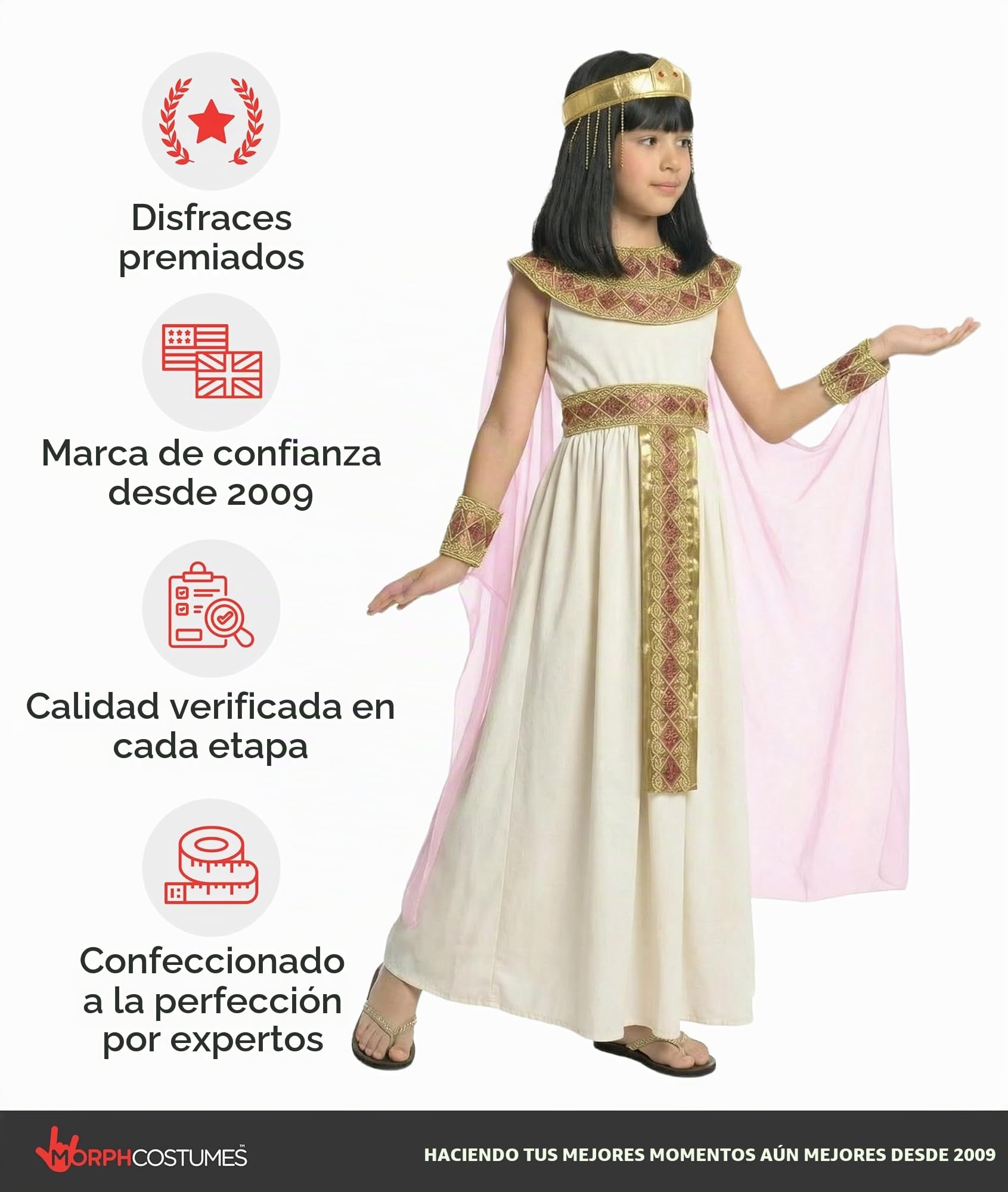 Morph Disfraz Cleopatra Niña, Disfraz Egipcio Halloween Niña | Vestido, Capa, Collar & Tocado, Reina del Nilo, Cierre de Velcro, Perfecto para Halloween, Ideal para Juegos de Rol