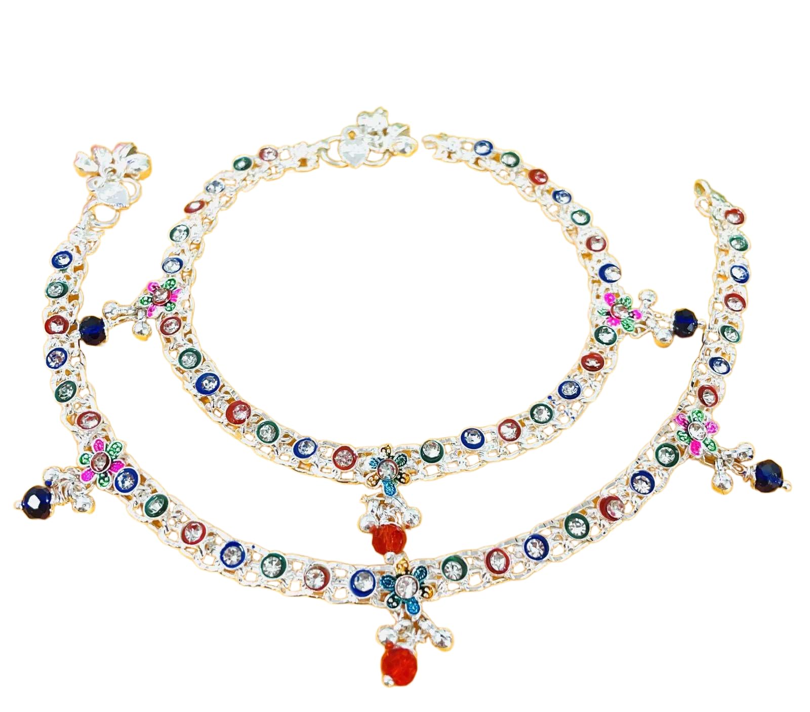 Multicolour Stone Studded Payal Anklet Set with Floral Charms-image-19