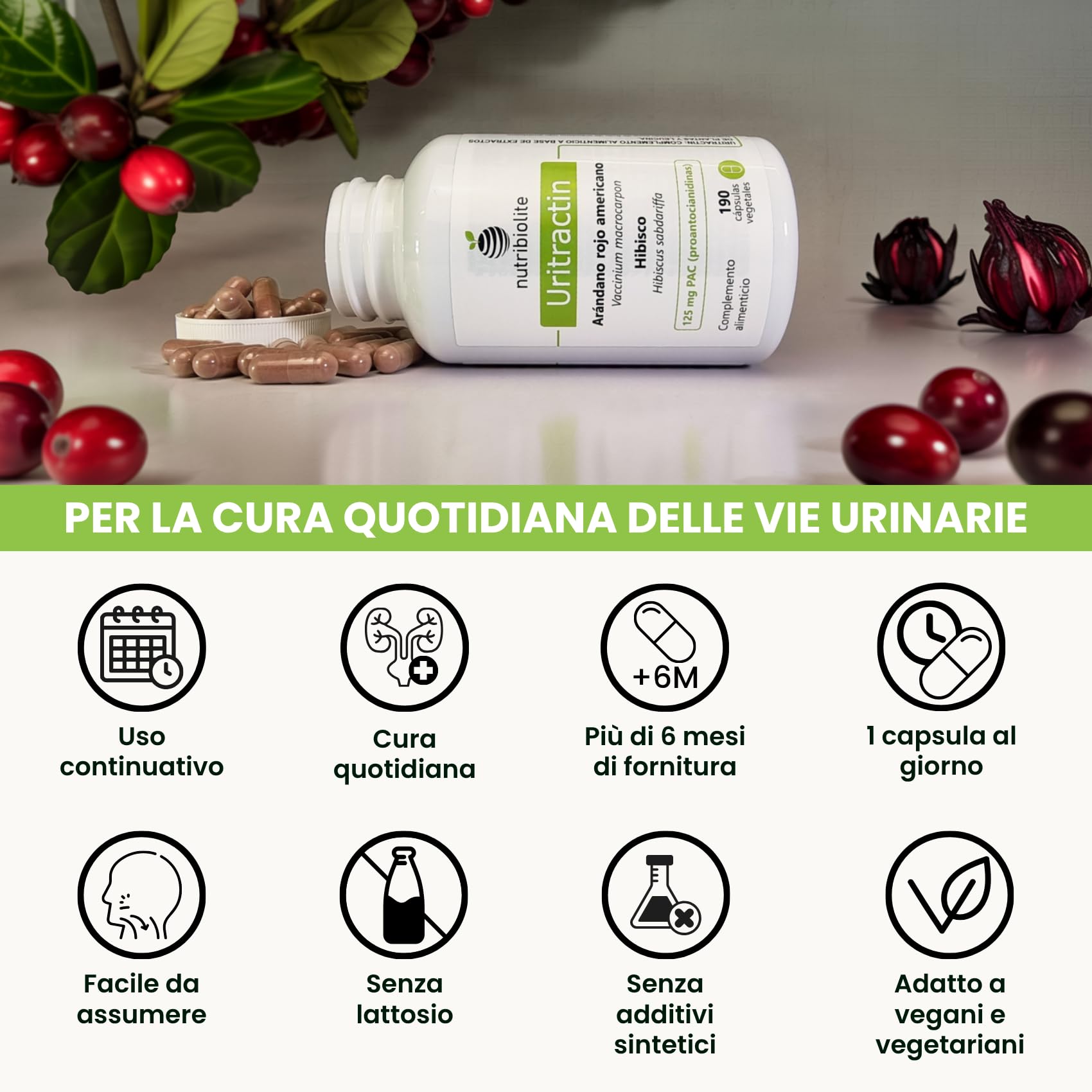Mirtillo Rosso Americano Cranberry con Ibisco 125 mg di PAC Proantocianidine - Vie Urinarie - 190 Capsule - Senza Additivi +6 Mesi | Uritractin Nutribiolite