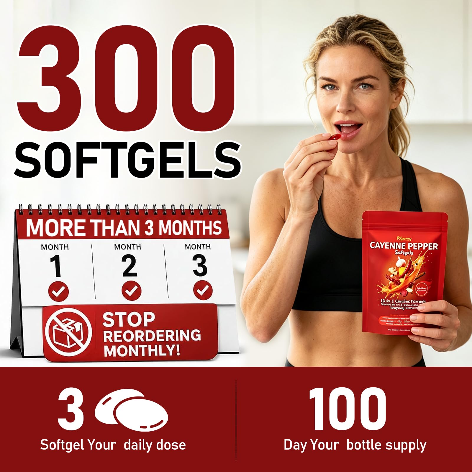 Cayenne Pepper Capsules, 15-in-1 Cayenne Pepper Supplements with Vitamin D3, K2, E & Grape Seed Oil, Supports Leg Vein, Heart and Blood Vessel Health, Daily Herbal Capsaicin Supplements, 300 Softgels — Amazon image 3