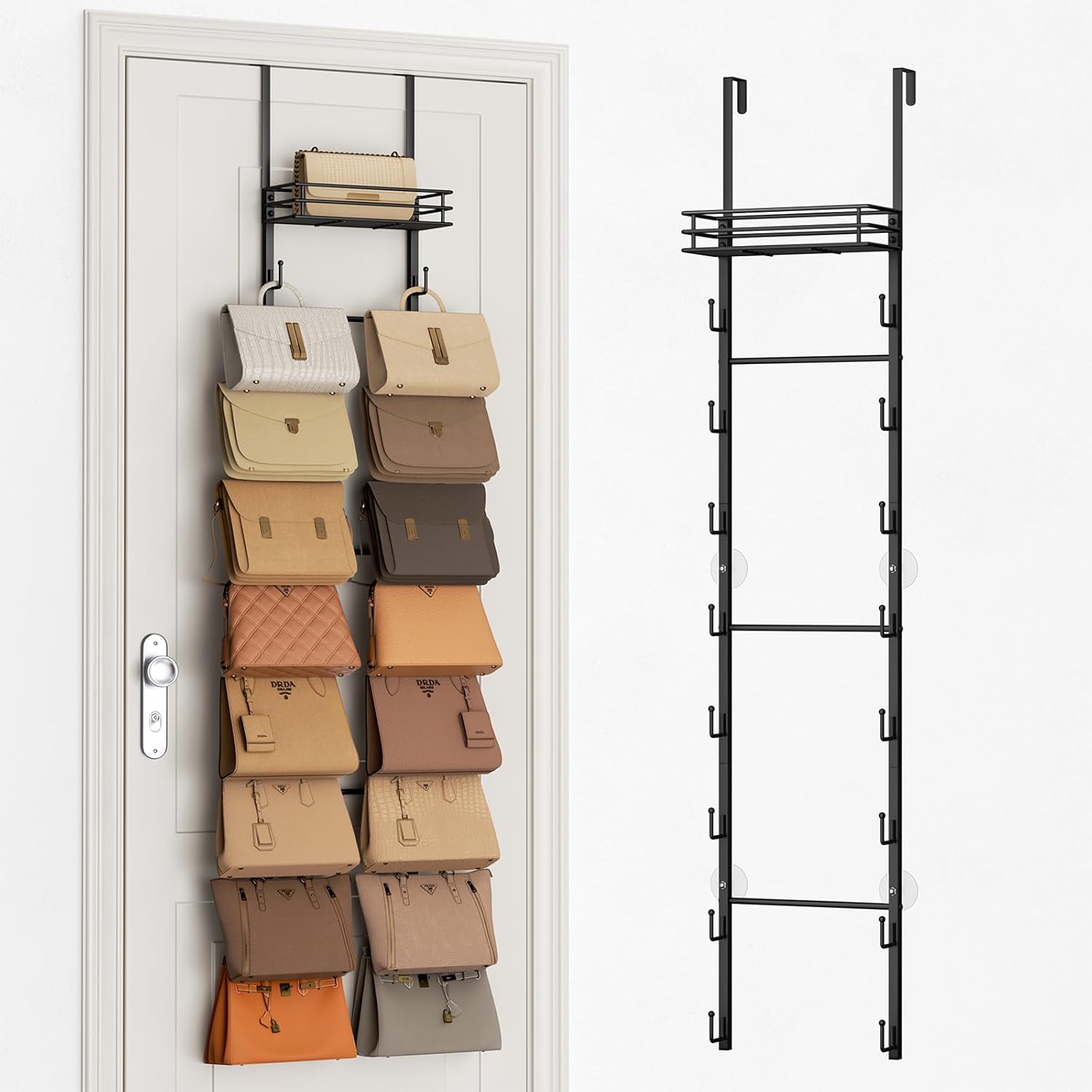 SWTYMIKI Over The Door Purse Organizer - Wall Mounted Handbag Organizer with 16 Hooks and Metal Basket Hanging