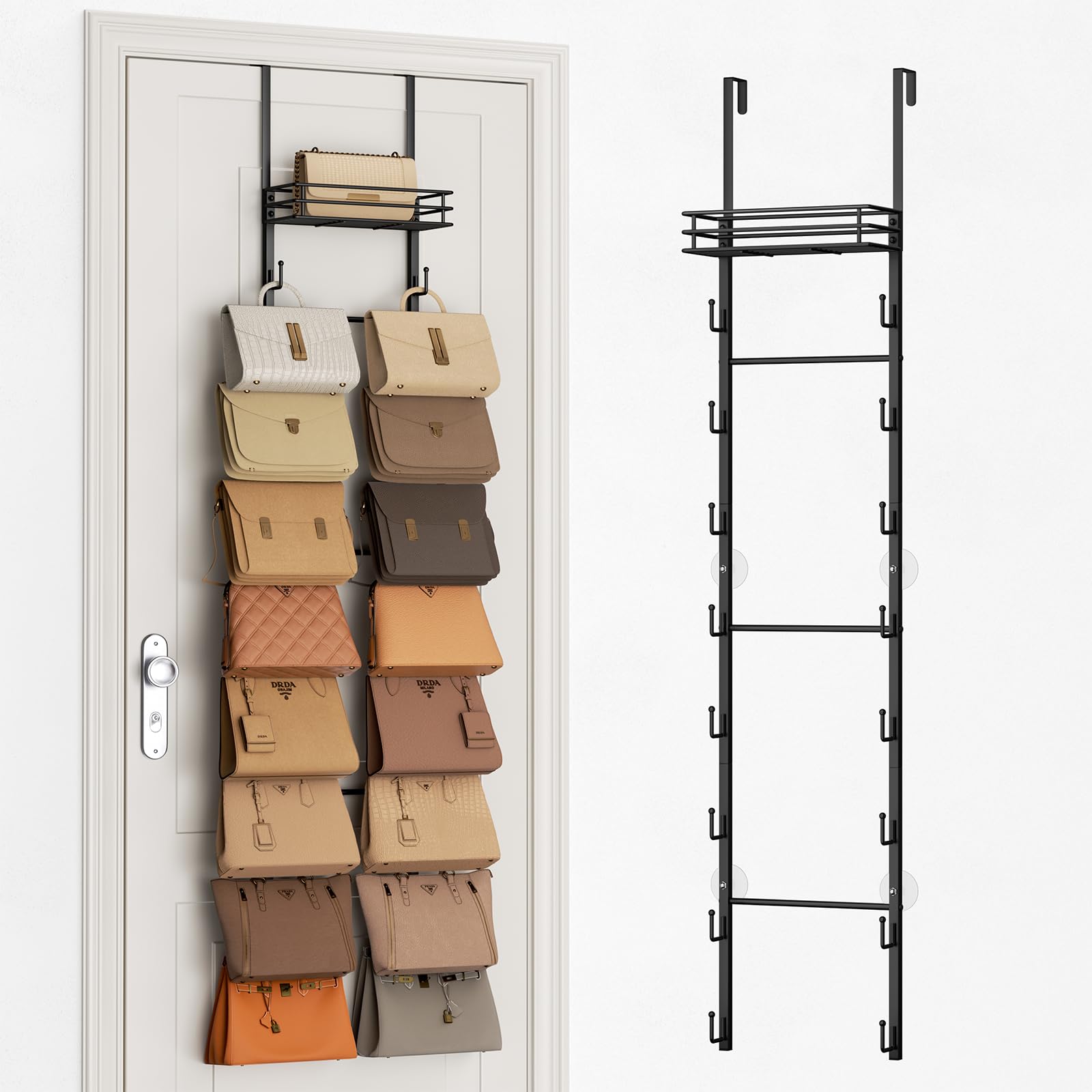 SWTYMIKI Over the Door Purse Organizer - Wall Mounted Handbag Organizer with 16 Hooks and Metal Basket, Hanging Purse Storage Rack Holds up to 16 Bags