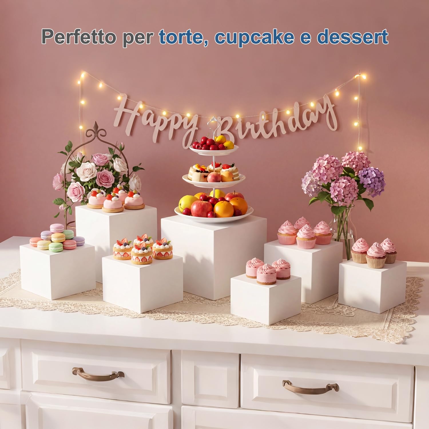 FUSHITON 6 Pezzi Alzata per Dessert in Plastica Bianca, Supporti di Presentazione per Buffet - Cubi Espositivi a 5 Facce Impilabili per Pasticceria, Decorazione, Negozio (6 Dimensioni Diverse)