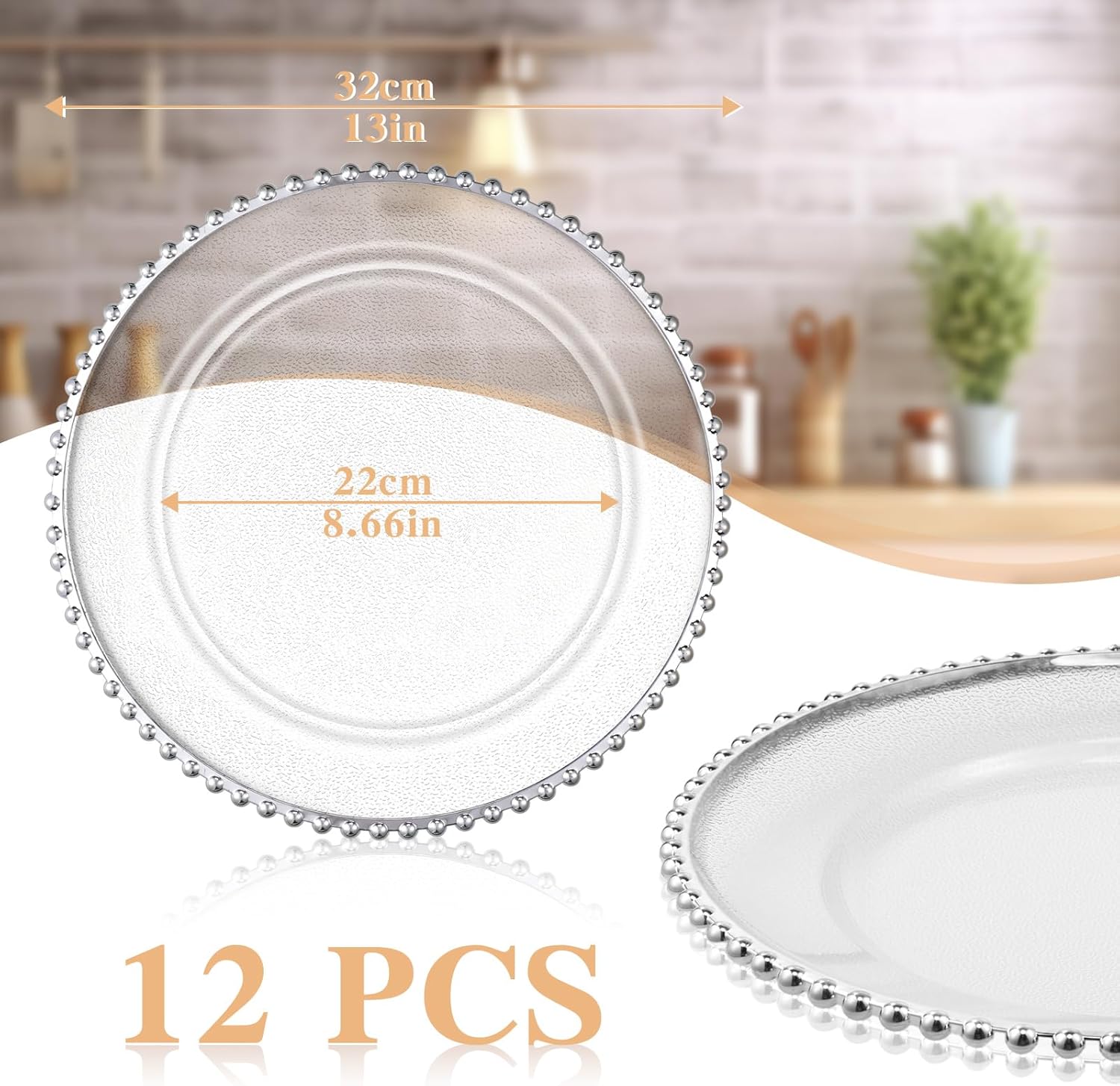 Hoolerry 12 Pack Clear Charger Plates Bulk 13 Inch Plastic Round Beaded Dinner Chargers Acrylic Frosted Grain Decorative Service Plates for Wedding Party Event, Home and Kitchen Tabletop (Silver)