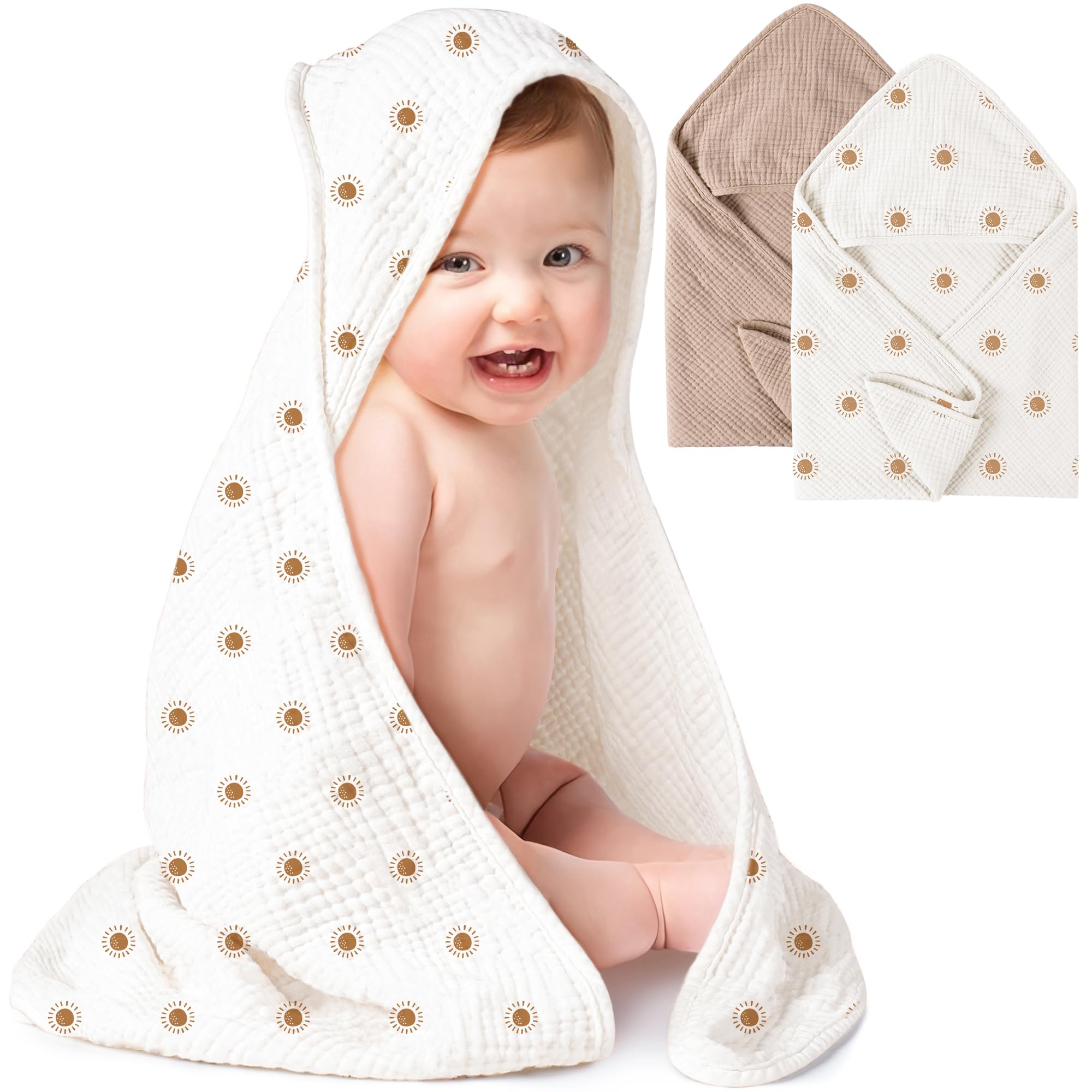 Konssy 2-Pack Muslin Hooded Baby Towels, 100% Cotton, Ultra-Soft & Absorbent Baby Bath Towels with Hood for Newborn & Infant (Camel, Sun,32" x 32")
