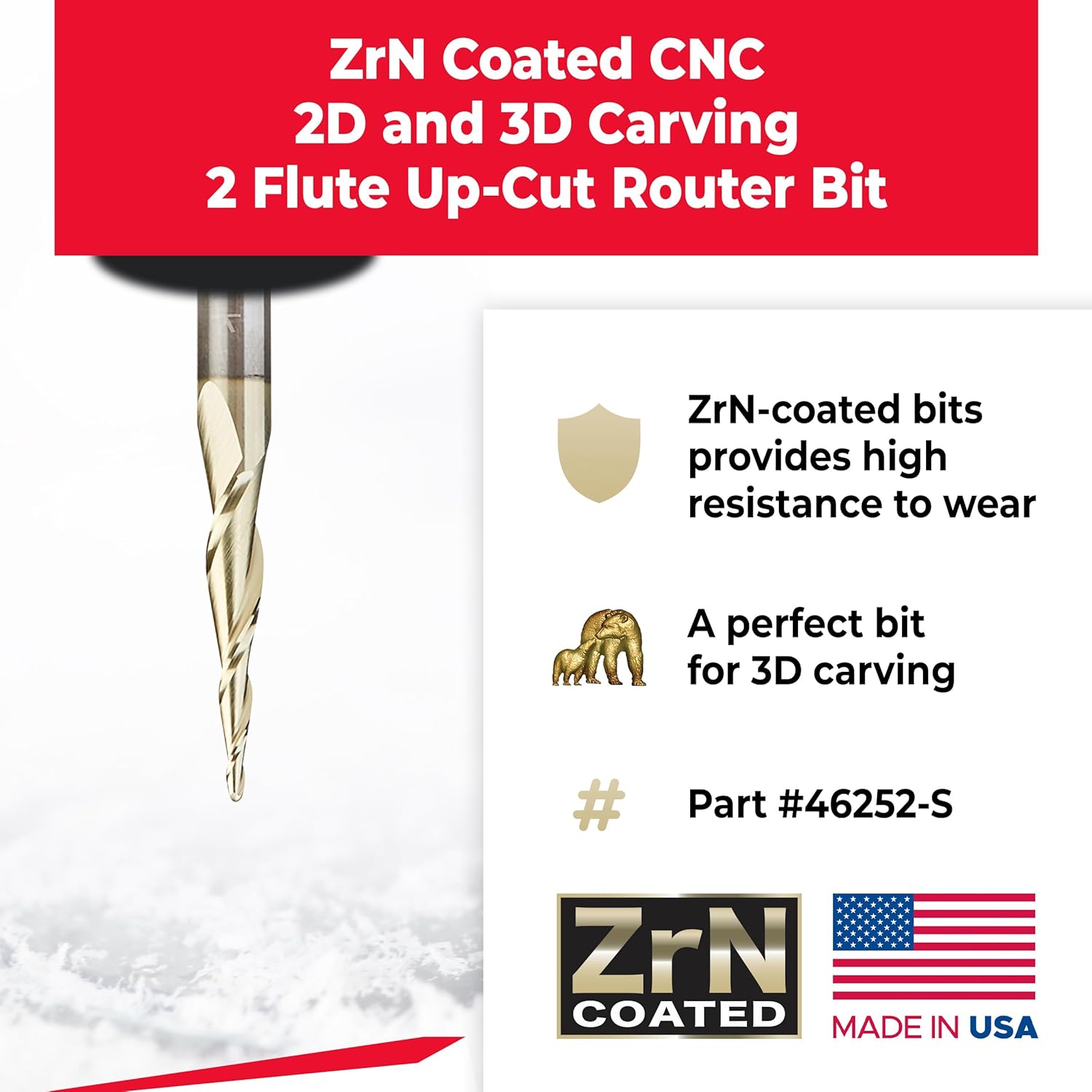 Amana Tool Up Cut Spiral CNC Router Bits for 2D/3D Carving, ZrN Coated, 46252-S, 5.5 Deg Tapered Angle Ball Tip x 1/16 D x 1/32 R x 1 x 1/4 Shk x 2 Fl