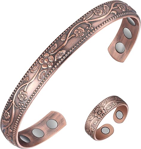 Jecanori Pulsera y anillo de cobre para mujer, pulseras magnéticas de drenaje linfático y anillo de desintoxicación linfática con 3500 imanes Gauss,