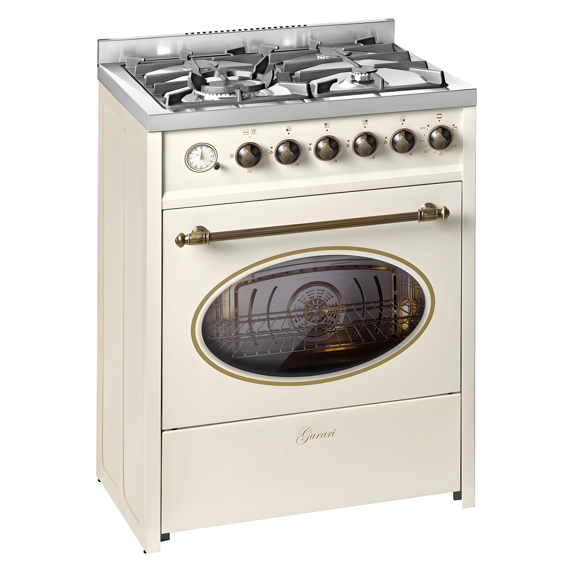 GURARI Gas Standherd 60 cm GCH E 614 Creme Gasherd mit Elektrobackofen | Drehspieß | Elektro-Analog-Timer mit STOP-Funktion | Schublade mit Push-Pull | Gas Control | Range Cooker Erdgas/Propan