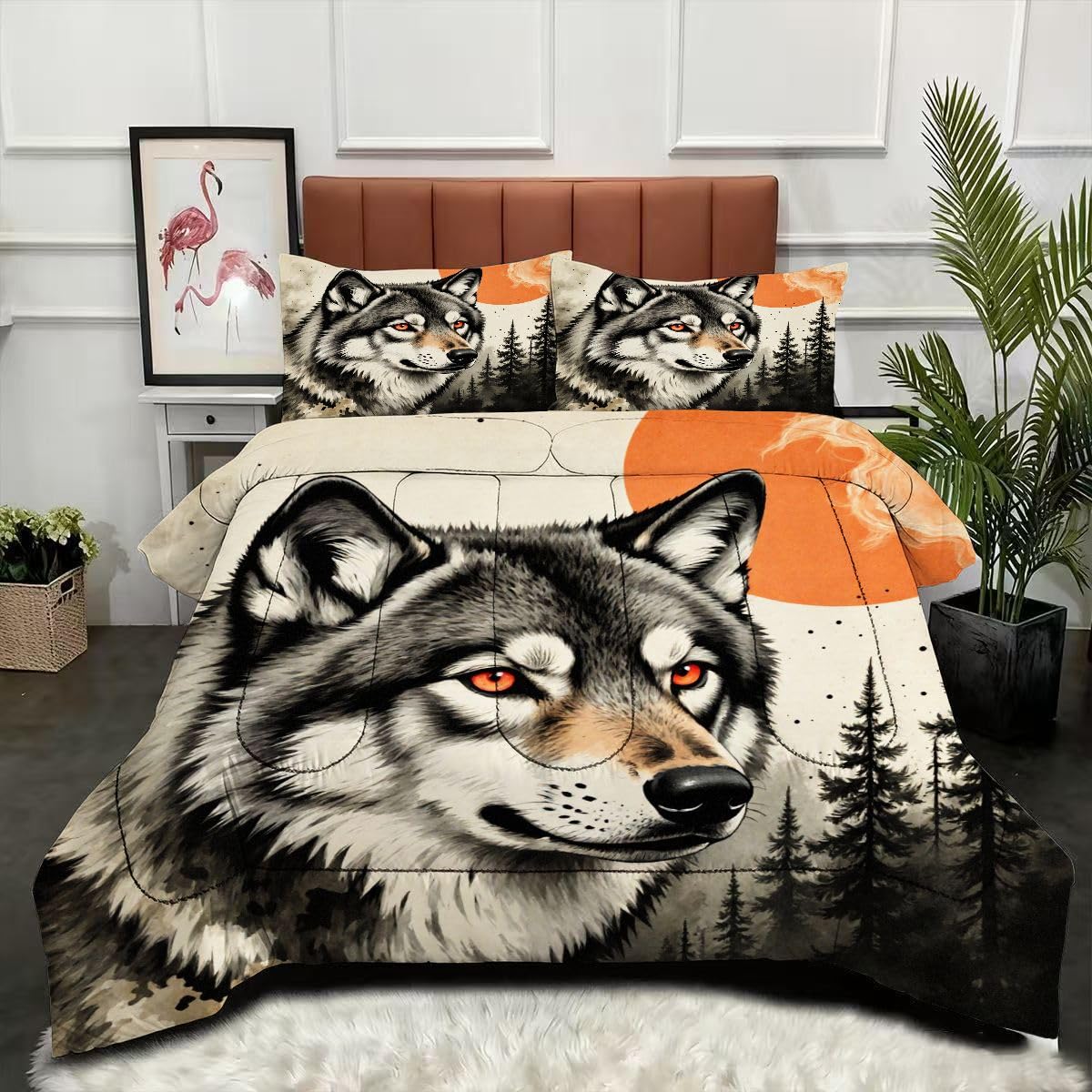Couette 220 x 240 cm Loup parure de lit 4 saisons réversible moderne pour 2 personnes