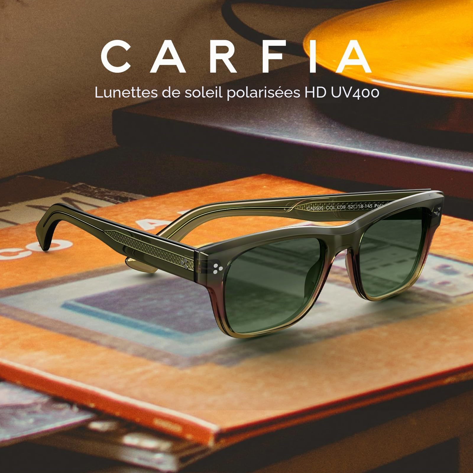 Carfia Lunettes de soleil homme polarisées, protection UV400, style rétro moderne monture en acétate verres carrés lunettes de conduite CA5509