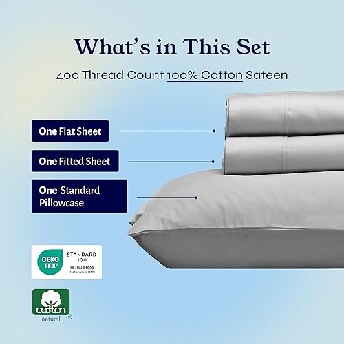 Vista 255 de Juego de sábanas de 400 hilos y 6 piezas, tamaño King, con 4 fundas de almohada, ropa de cama de 100 % algodón con tejido satinado, color azul 12