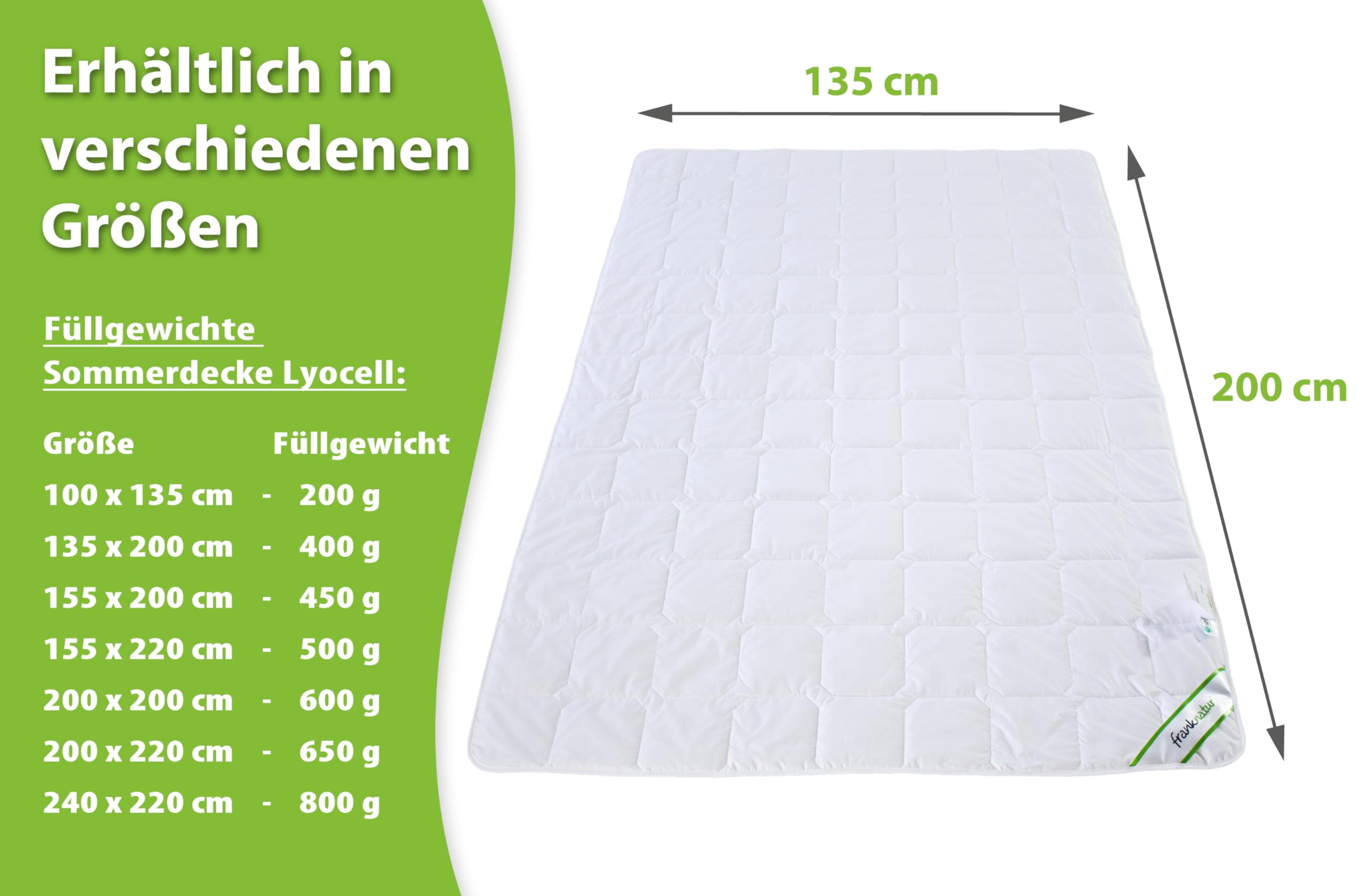 franknatur Lyocell Bettdecke 135x200 - Tencel Sommerdecke mit Baumwollbezug, leichte Sommerbettdecke, atmungsaktiv, waschbar, Oeko-TEX