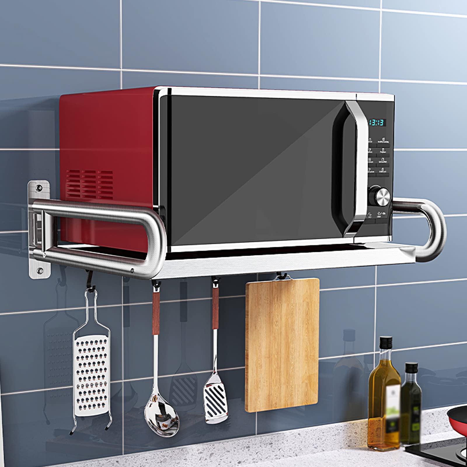 GTHTUHFD Stainless Steel Microwave Oven Rack With Wall Mount Multifunctional Storage Shelf Bracket For Oven Spices And Microwave Microwave Stand With Storage Rack For Kitchen,Stainless Steel-53Cm