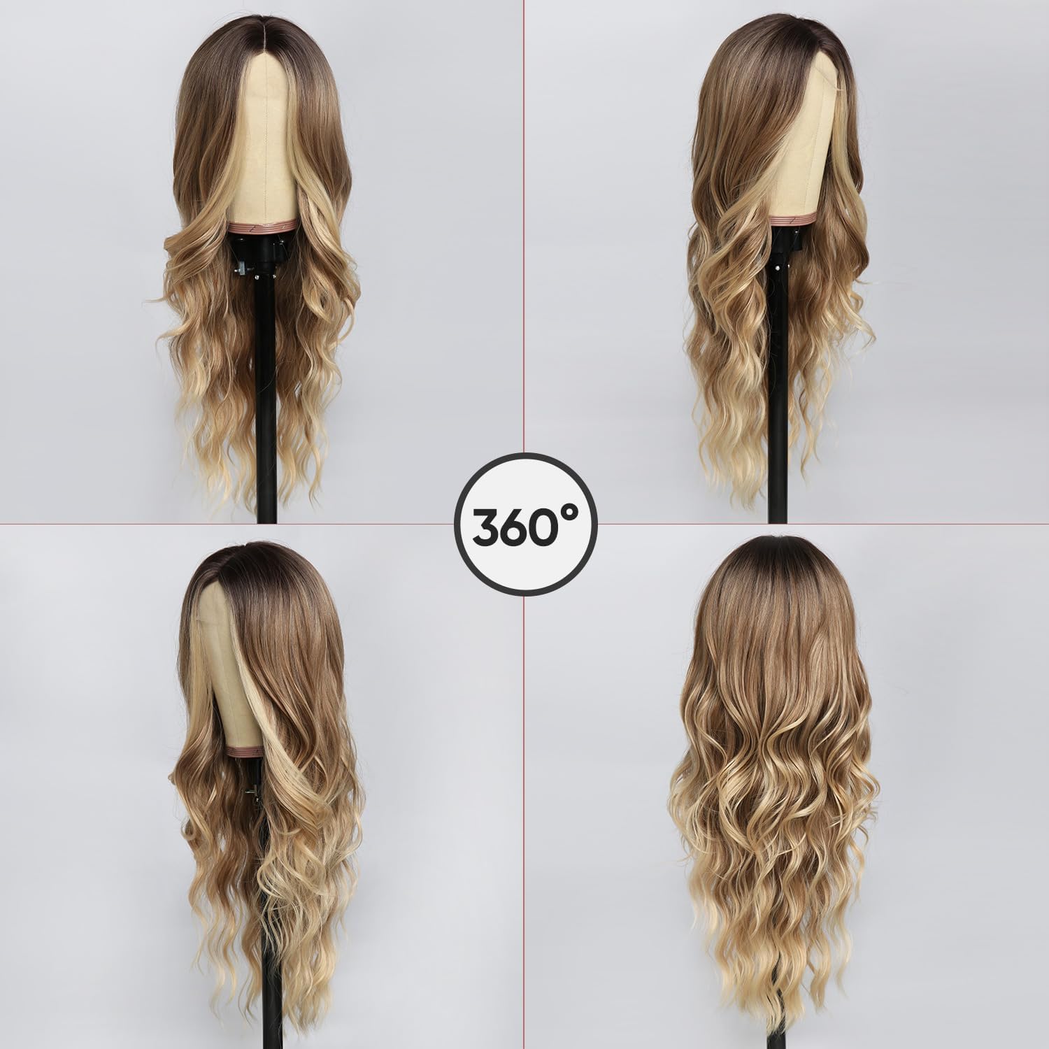 Parrucca lunga ombré bionda – 66 cm, linea centrale, ondulata riccia, resistente al calore, in fibra sintetica per tutti i giorni e le feste