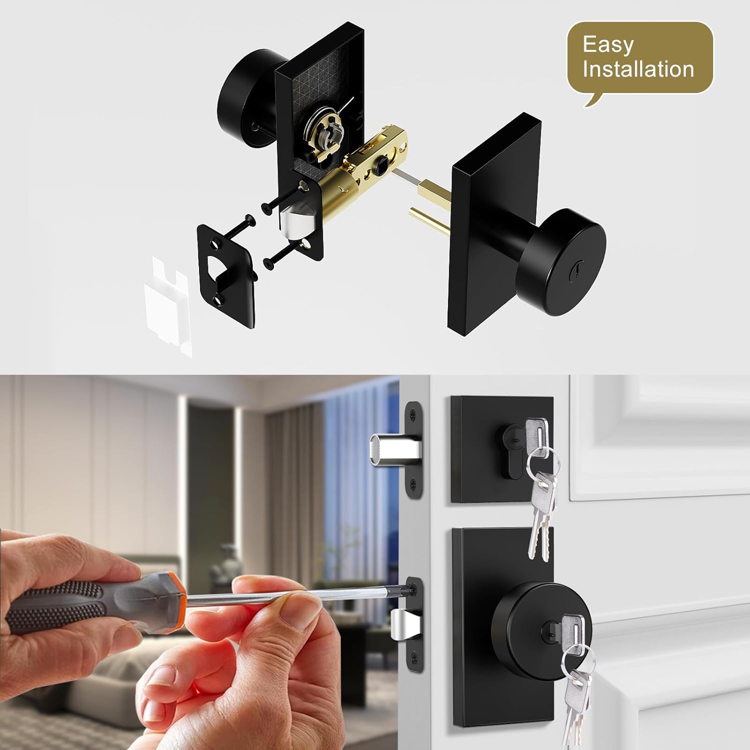 Matte Black Exterior Door Knob with Deadbolt Set - Heavy Duty Zinc Alloy Front Door Lock with Keyed Alike Entry, Square Design, Easy Installation, Fits 2-3/8" or 2-3/4" Backset (1 Pack)