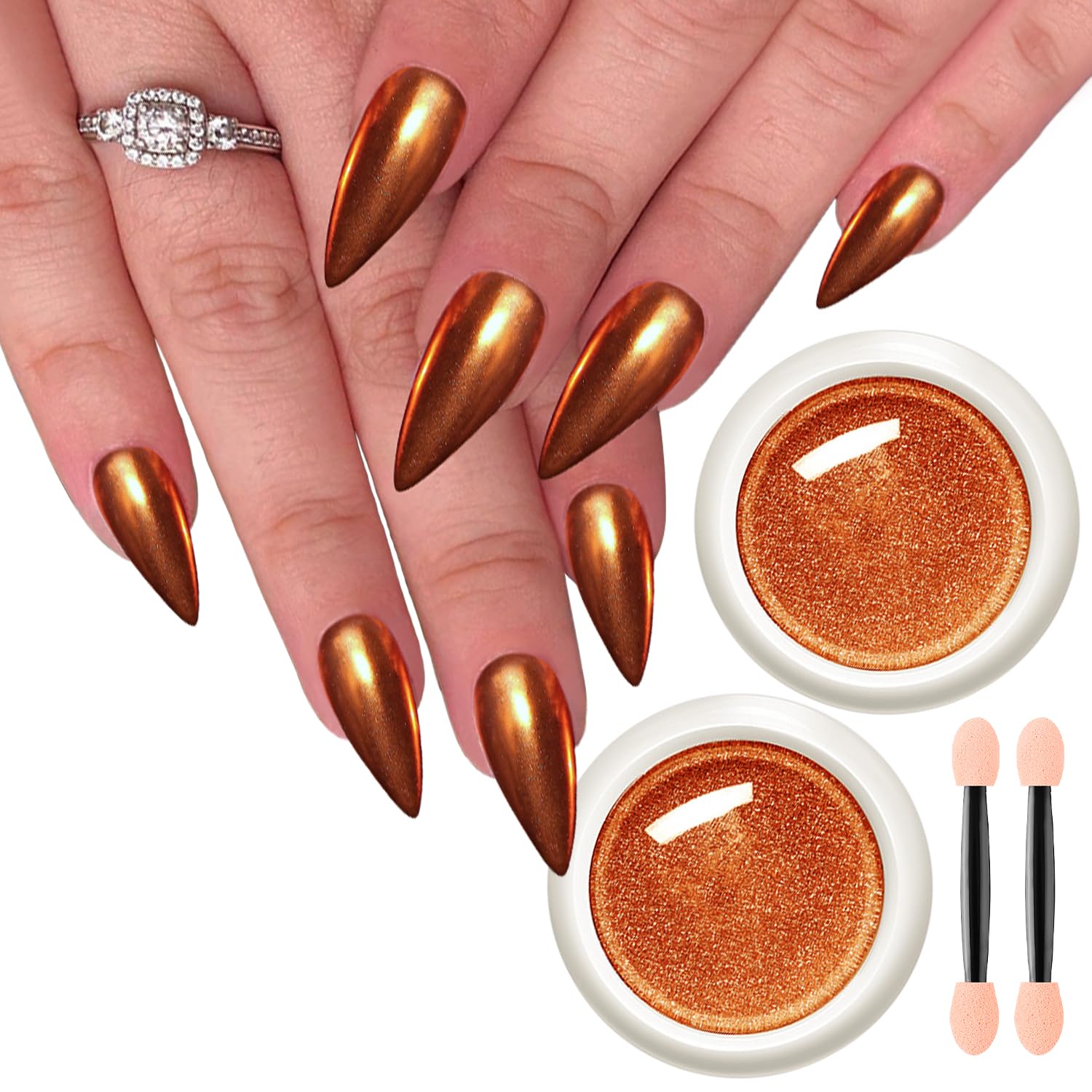 Fokostar 2Pcs Copper Chrome Nail Powder for Gel Nails Orange Red Pearl Metallic Mirror Effect Solid Nail Glitter Dust Pigment Manicure Polish Design Decorations with Tool