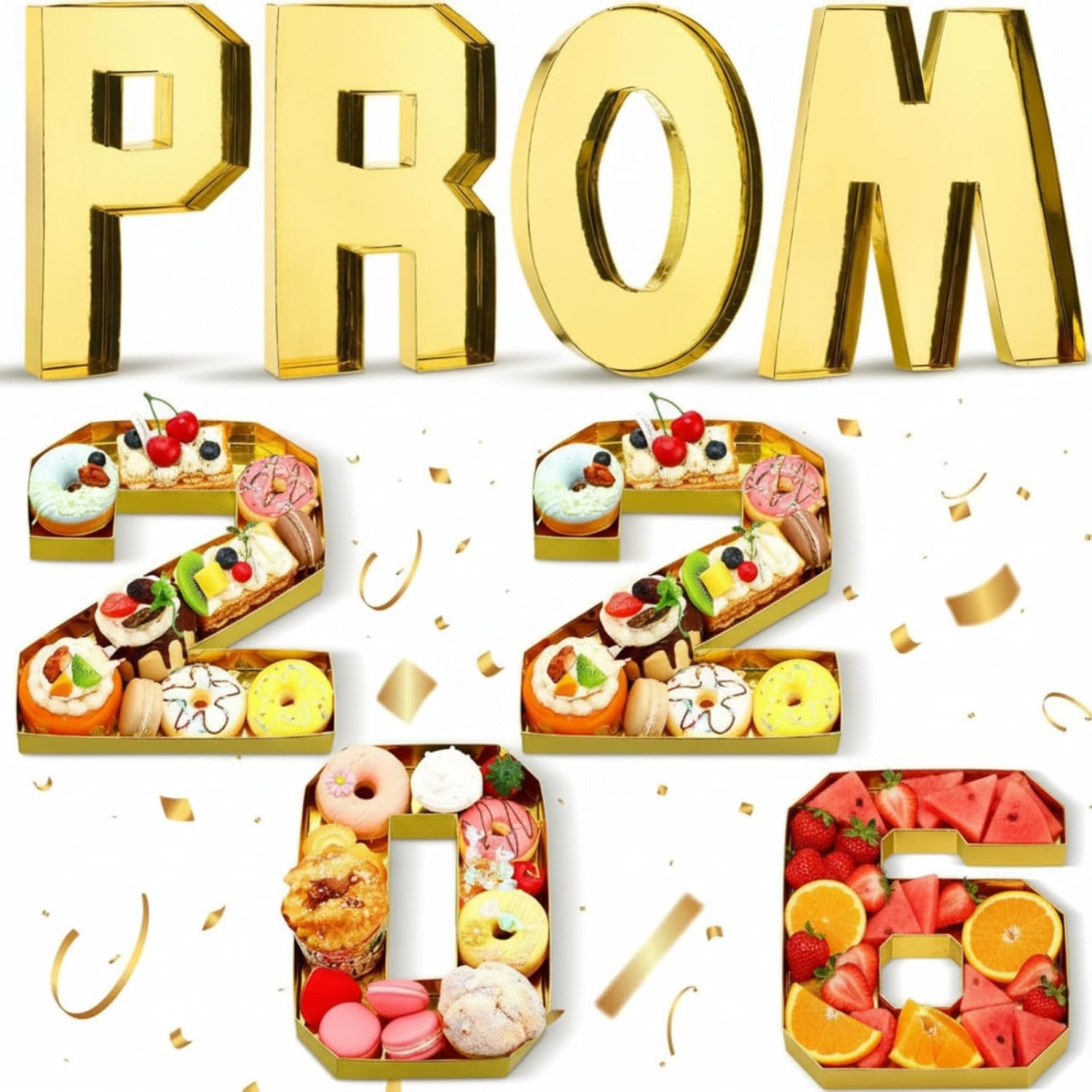 Nuogo 8 Pcs Gold Prom Graduation Paper Letter Charcuterie Graduation Party Favors Supplies Container Graduation Cardboard Fillable Cutout Candy Tray Sweet Chocolate Disposable Party Treat Box 8.5 Inch