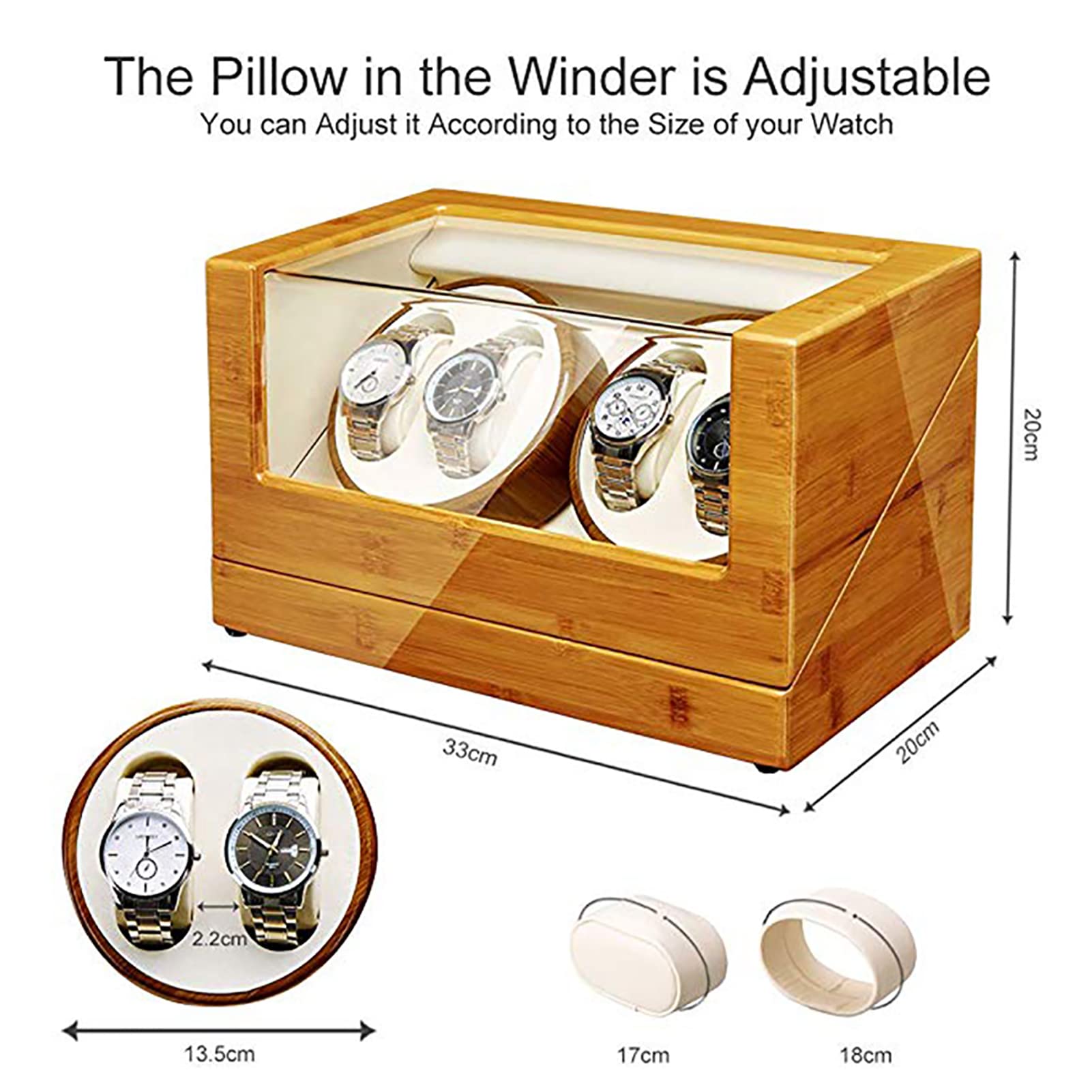 Uhrenbewegerbox 4 für Automatikuhren, drehbare Uhrenvitrine aus Holz, staubdichtes Gehäuse für mechanische Uhren mit Selbstaufzug, leiser Mabuchi-Motor und 5 Rotationsmod，E
