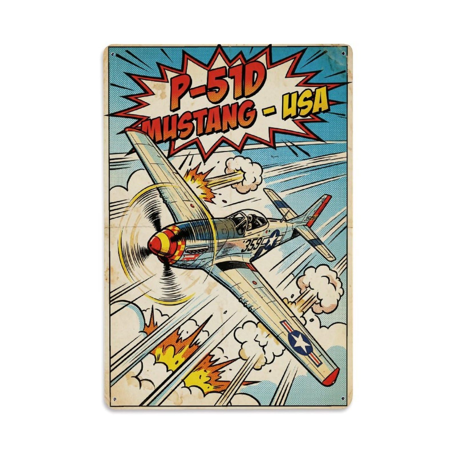P-51D Mustang Pulp Comic WWII Fighter Aircraft Metal Tin Sign Plaque Wall Decor for Cafe, Man Cave, Club Bar, Office, Home Garden Round Metal Poster 8x12Inch