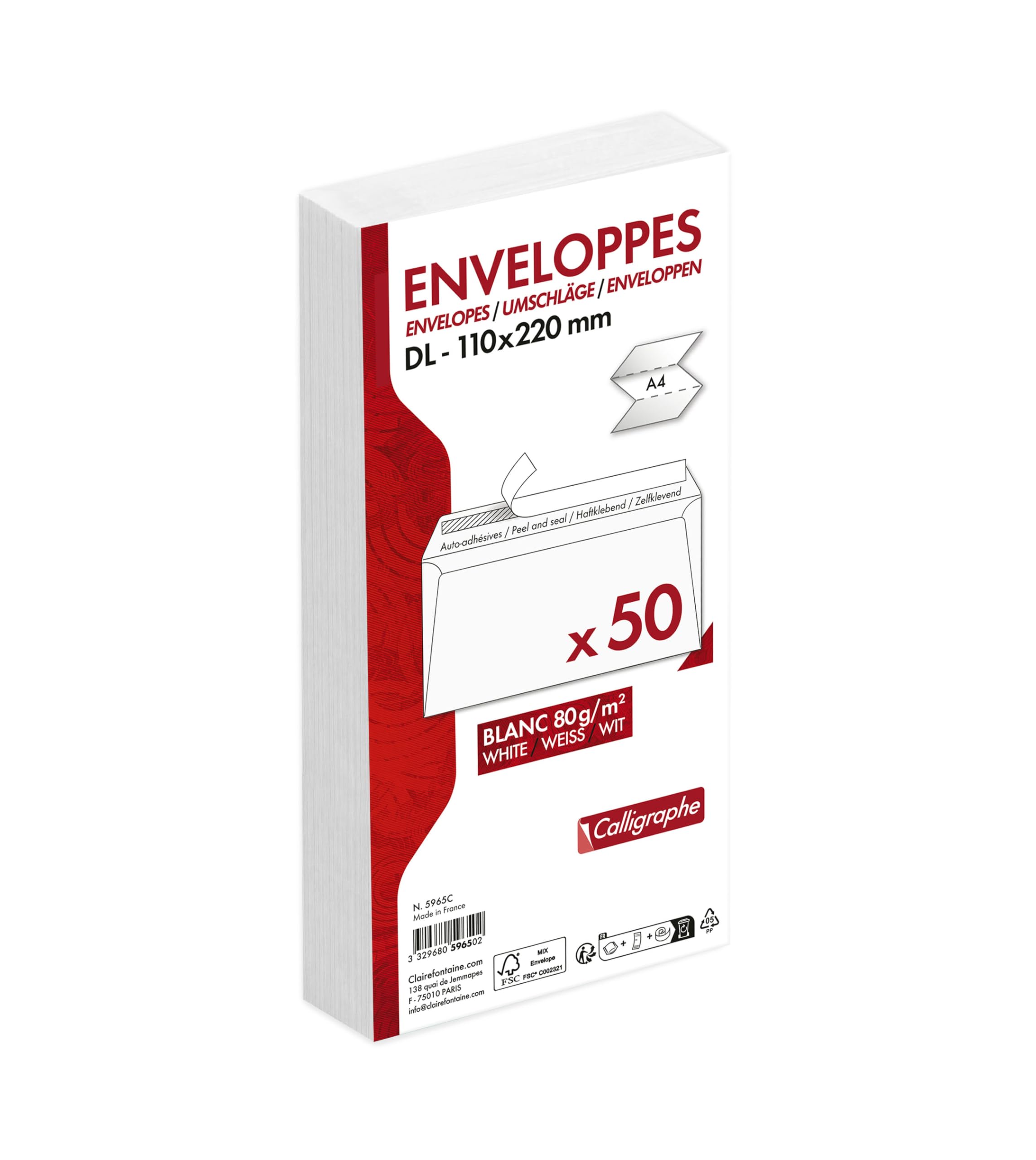 Calligrapher (Clairefontaine) 5965C - Pack of 50 White Envelopes - Size: DL-110x220mm - Self-Adhesive - 80g/m² - Correspondence - Manufactured in France