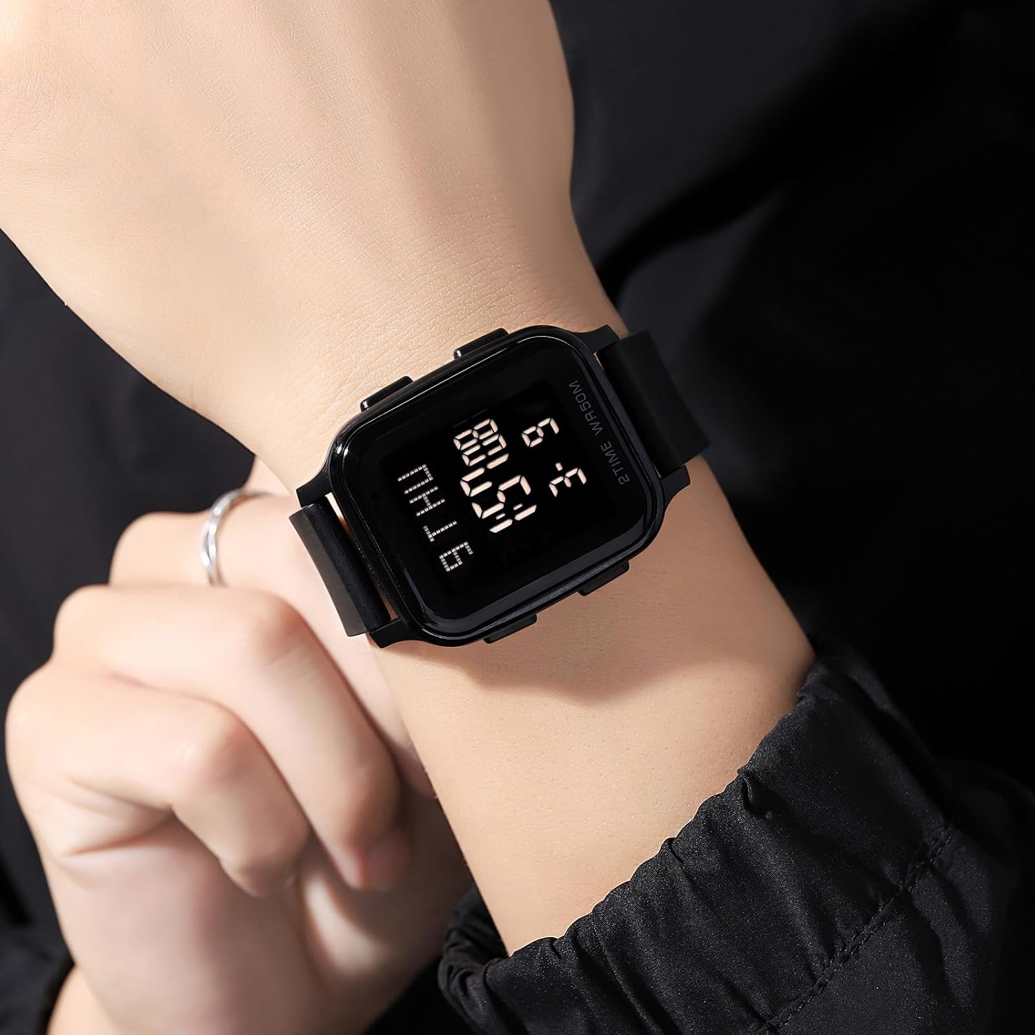 findtime LED Digital Watch Mens Womens Black Rectangle Square Face Big Numbers Dial Unisex Watches Sports Waterproof Dual Time Stopwatch Fashion Simple Wristwatch