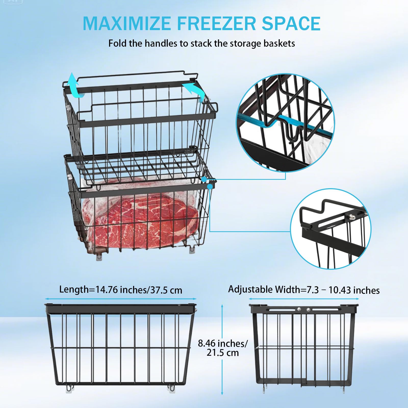 Panier Congélateur Coffre Empilable 4 Pièces, Bac de Rangement Congélateur Extensible avec Poignée, Organiseur Métal pour les congélateurs coffres de 5 à 9 pieds cubes, Accès Facile