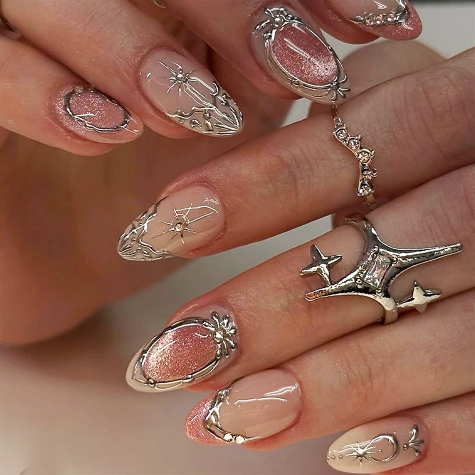 Press on Nails, 24 Uds. Uñas Falsas con Flores 3D de Color Rosa y Punta French, Uñas Artificiales Reutilizables con Brillo, Kit de Uñas para Mujeres — view 9