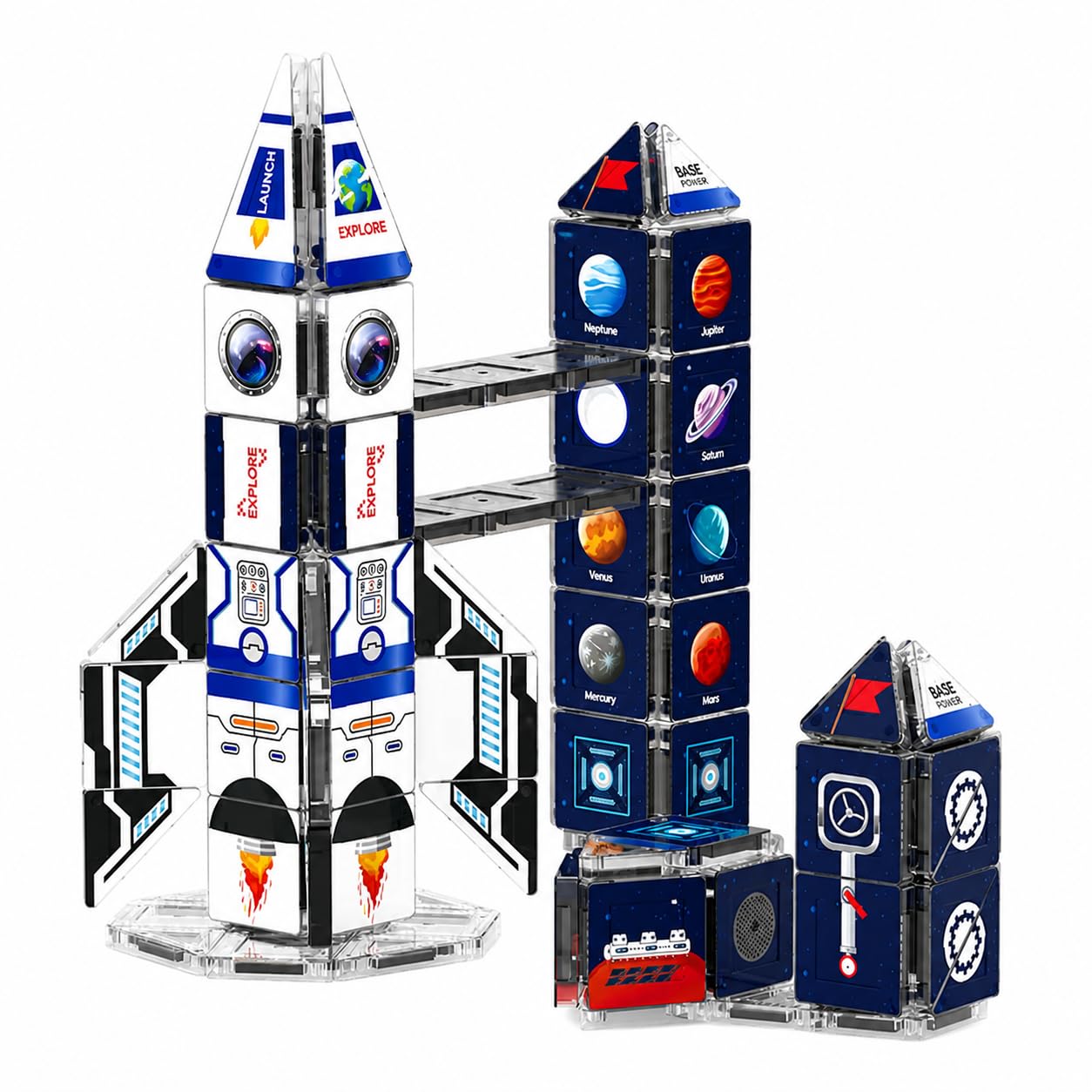 [100 PCS] Space Rocket Mini Magnetic Tiles Travel Set with Iron Box l STEM Educational Building Blocks l Magnetic Construction Toy for Kids Ages 3+-image-2