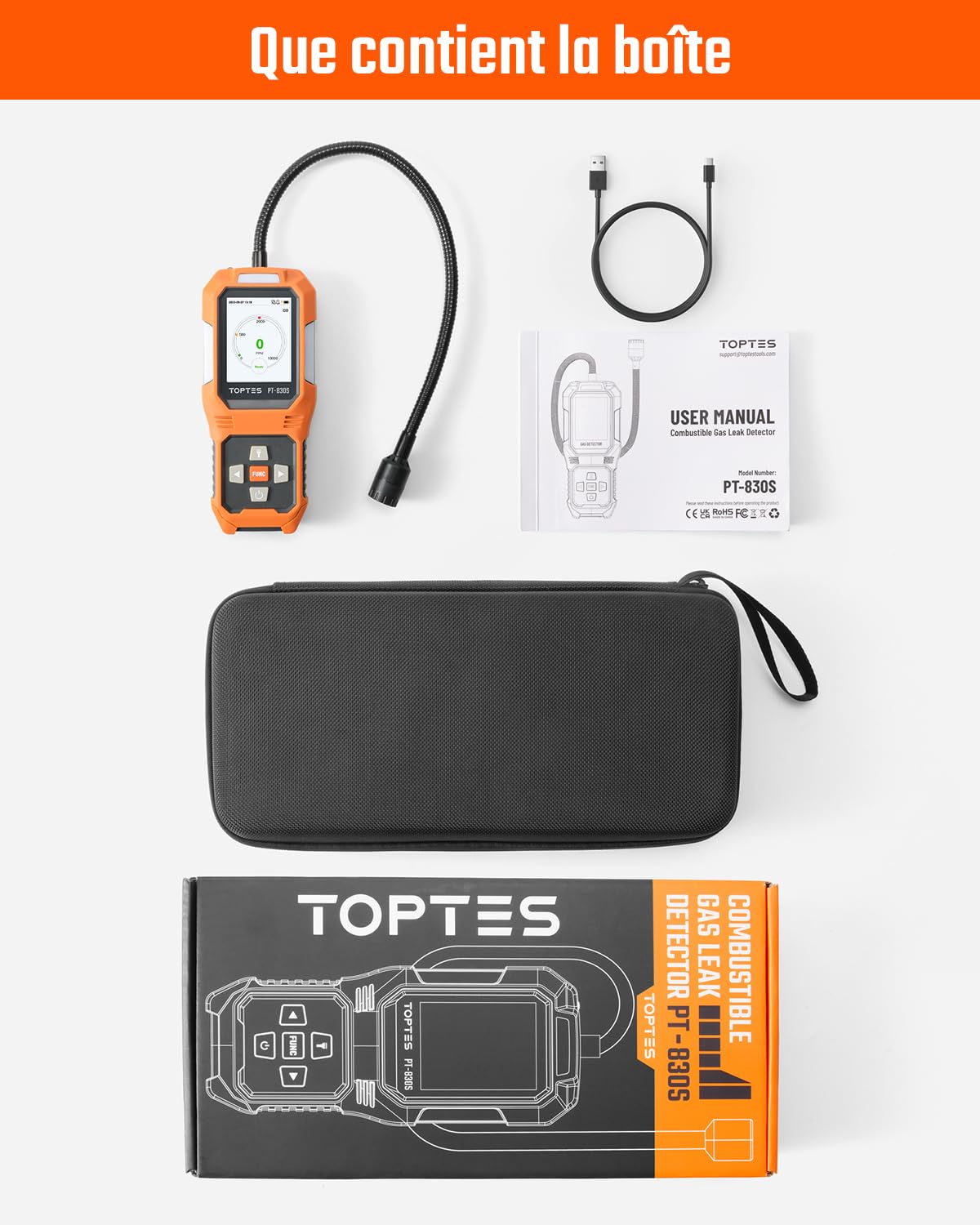 TopTes PT-830S Détecteur de Gaz Rechargeable avec Une Sonde de 36,8cm, Plage 0-10000 ppm, Écran Couleur TFT avec 3 Types d'Alarme, Détecteur de Fuite de Gaz pour Le Propane, Méthane, pour für Maison