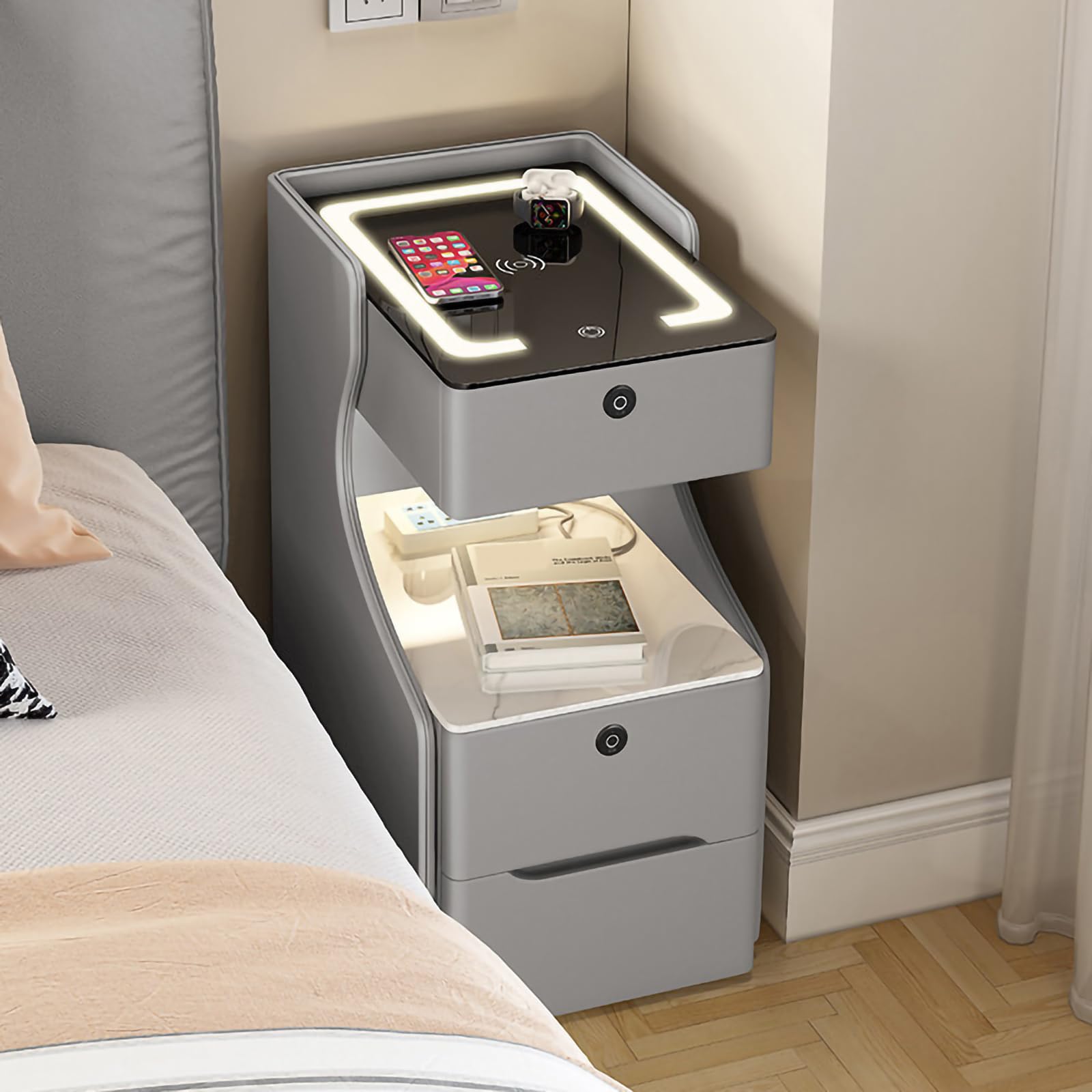 FCHZJCZYT Smart Nightstand with Wireless Charging, Modern Fluted Nightstand W/ Charging Station, Combination Lock Induction Light Strip, Solid Wood for Bedroom Living Room,gray b,40*40*63cm/16*16*25"