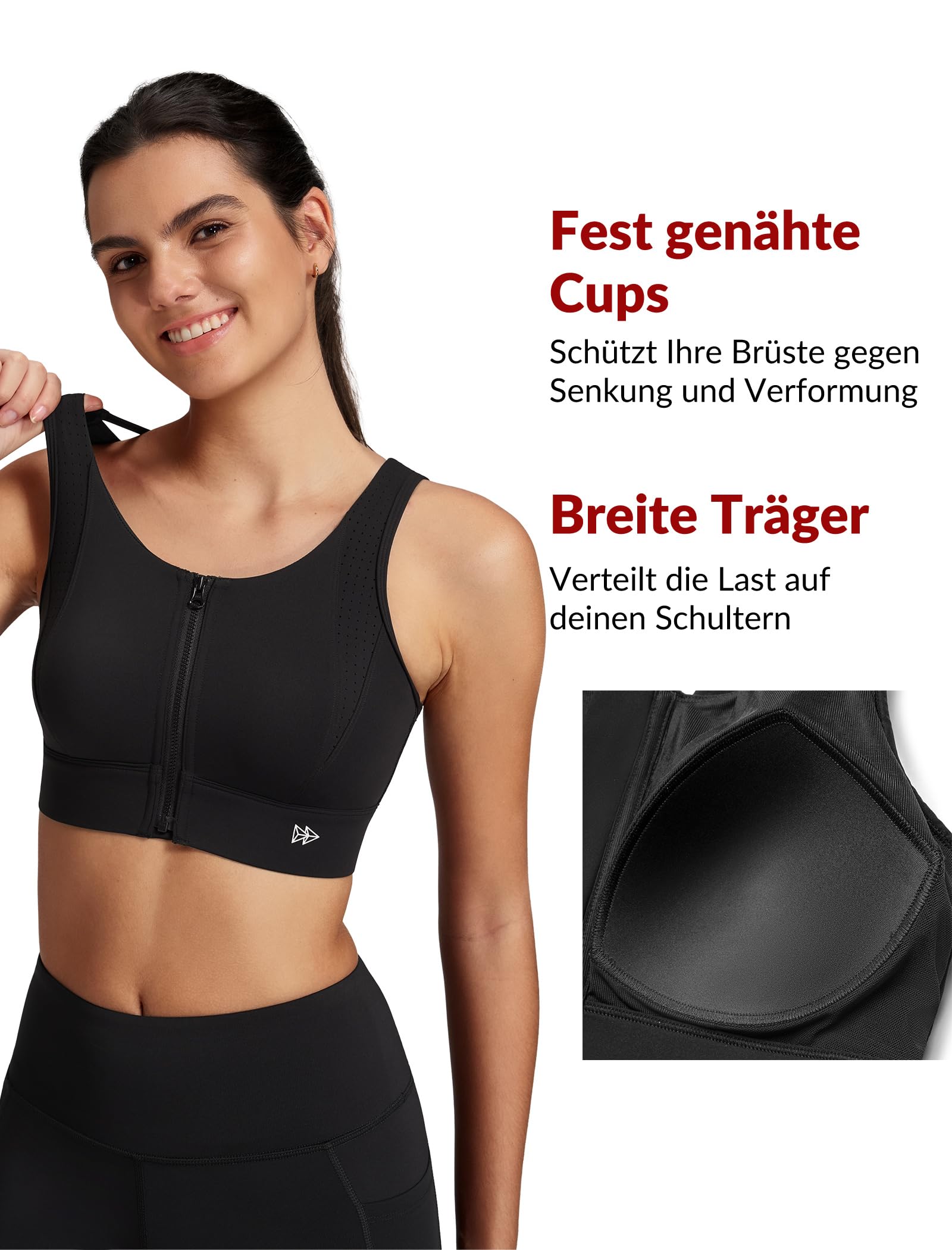 Yvette Soutien Gorge de Sport Femme Zipper Haut Maintien Grande Taille Dos Croisé sans Armature Coques Intégrées Idéale pour Gym Course Fitness