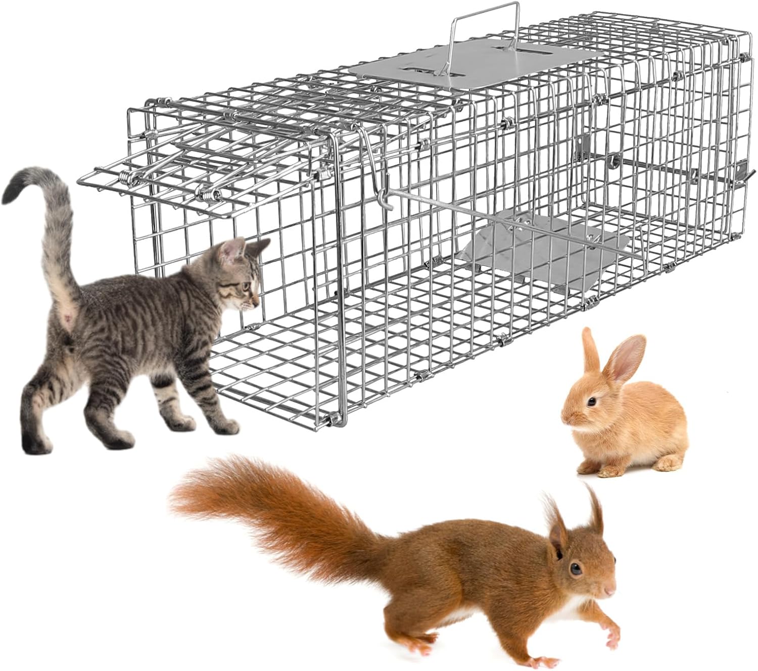 Live Animal Cat Trap Cage, 23.3" Humane Cat Trap for Stray Cats, Cage Catch and Release for Rabbit, Squirrel, Beavers, Groundhogs, Kitten, Armadillos, Collapsible Galvanized Wire with Pedal Triggers 24x7.3x7.8"