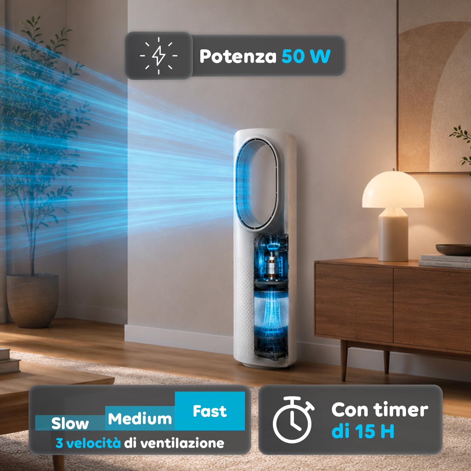 Wintem - Ventilatore a Torre Silenzioso Freezy Senza Pale con Telecomando, 3 Velocità, 3 Modalità, Timer 15 Ore e Oscillazione, Ventilatore da Terra con Display LED e Comandi Touch Intuitivi