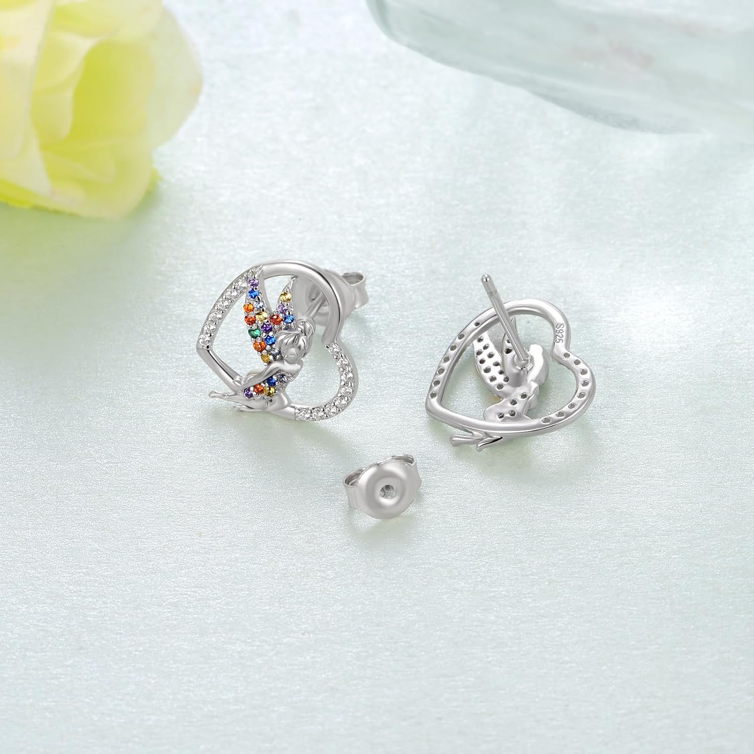 Fairy Earrings 925 Sterling Silver Flower Fairy Stud Earrings with Colored Zircon Elf Earrings Zelda Christmas Jewelry Gift for Women - Image 3