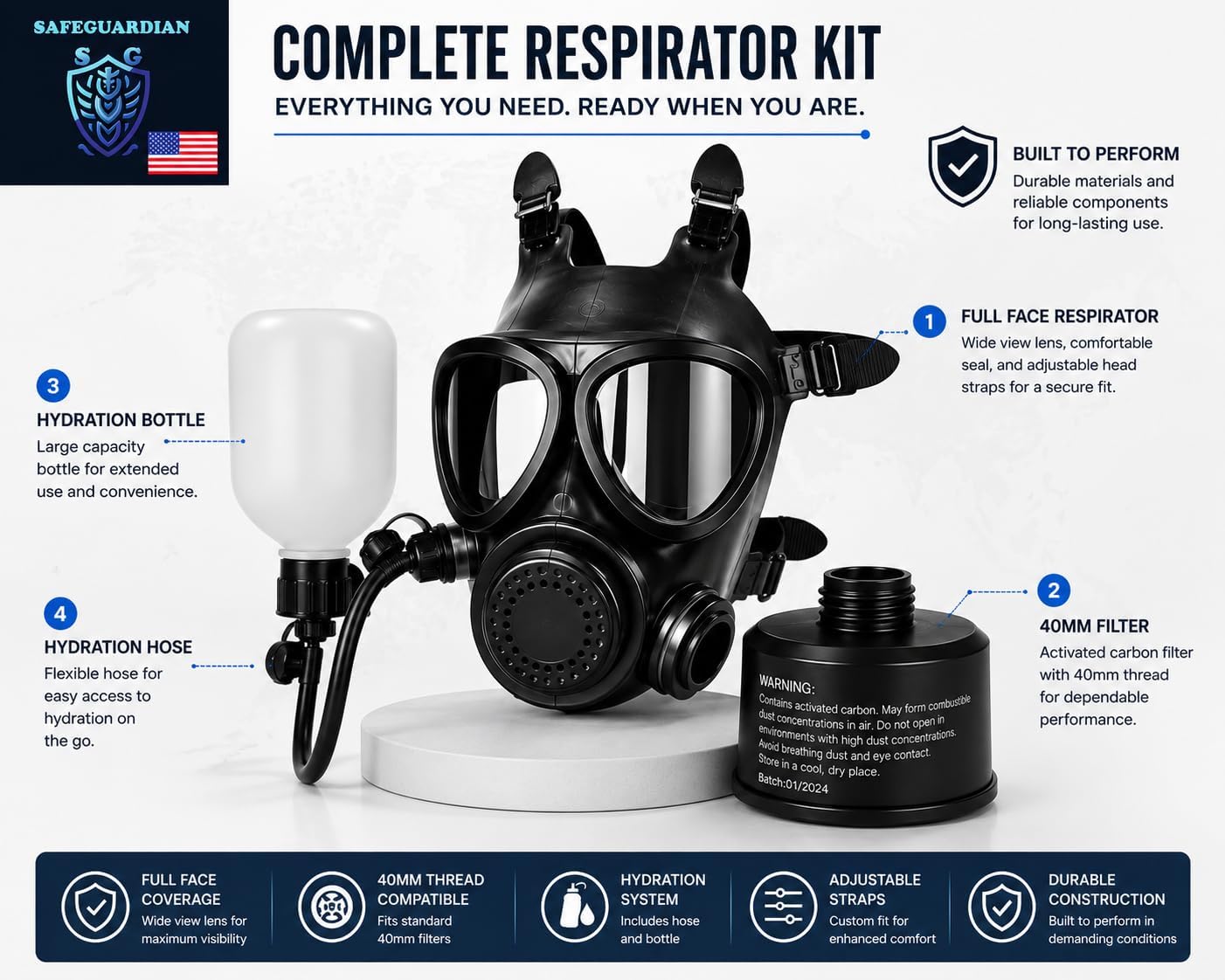 Full Face Respirator Mask with 40mm Filter & Hydration Kit | Mask 40mm Filter Hydration Bottle with Hose