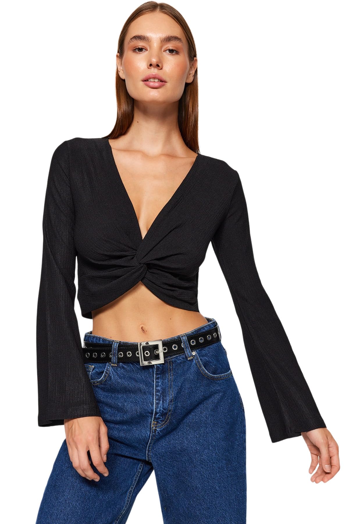 Trendyol Damen Gerade Lange Ärmel Schlank Die Bluse