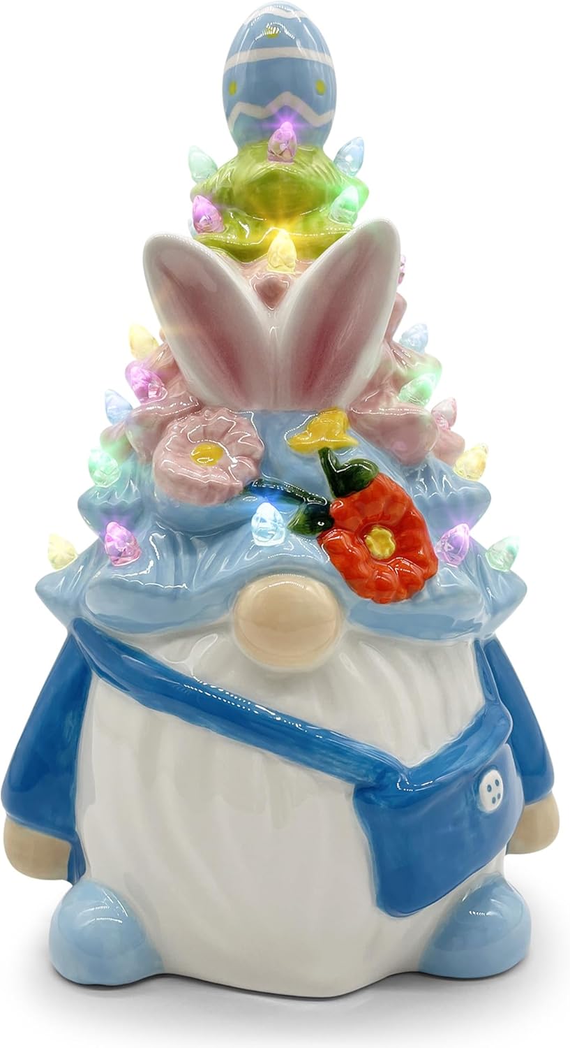Blue Gnome Easter Ceramic Tree, Lighted Bunny Easter Decorations for Home Room Table Top, Flower Farmhouse Spring Easter Decor Indoor Figurine Collectione, Easter Gifts for Kid Teen Girl Women-8.6''H Blue Tabtop