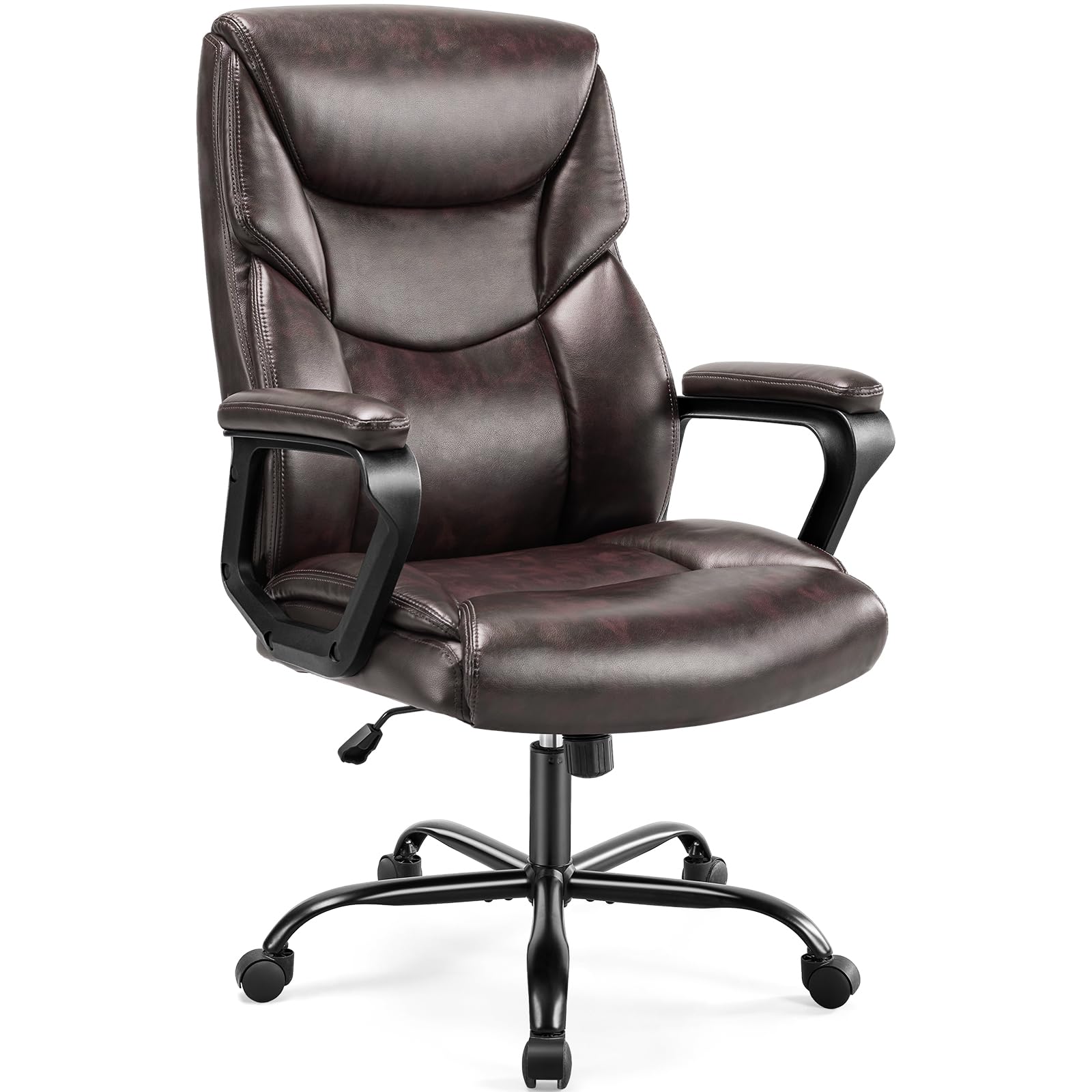 OLIXIS Home Office Chair - Big and Tall Chair for Office, High Back Ergonomic Executive Desk Chair, PU Leather Fixed Armrests Computer Chair, Rolling Chair with Wheels, Brown