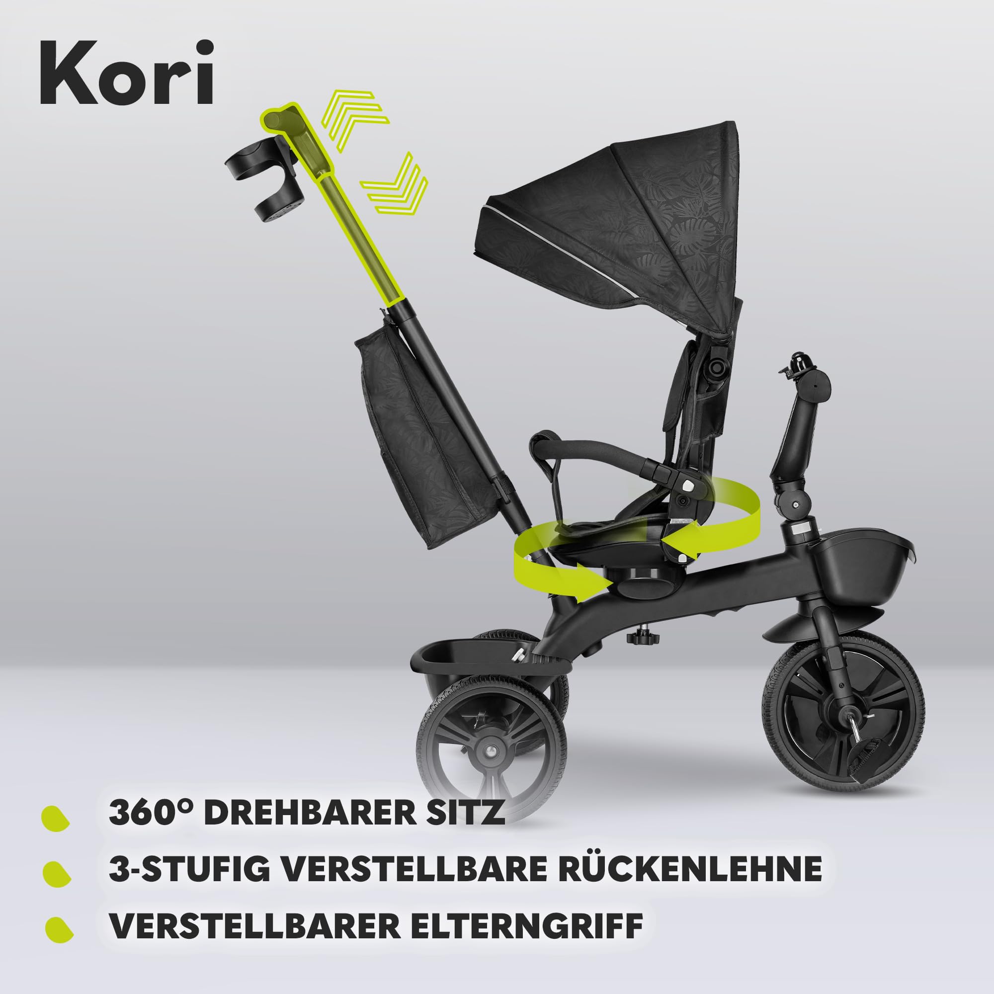 Lionelo Kori Dreirad mit Schubstange für Kinder ab 1,5 bis 5 Jahre, drehbarer Sitz, Magnesium-Rahmen, wartungsfreie Gummiräder, freies Rad, abnehmbares Vordach, 55 x 80 x 56 cm
