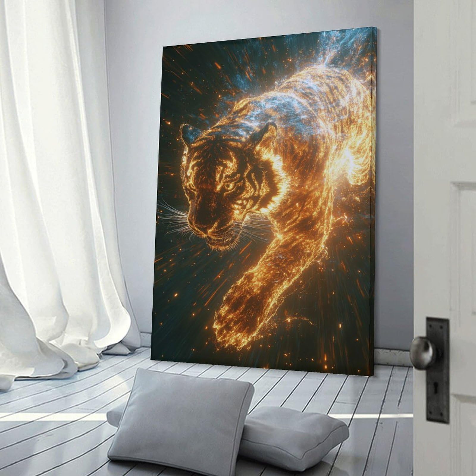 Junmoney Frame-Style-2 Fiery Tiger In Cosmic Space Wall Picture Print, 20X30inch(50X75cm), For Lounge, Study, Hallway Or Flat Walls, Canvas Wall Art That Fits Changing Layouts