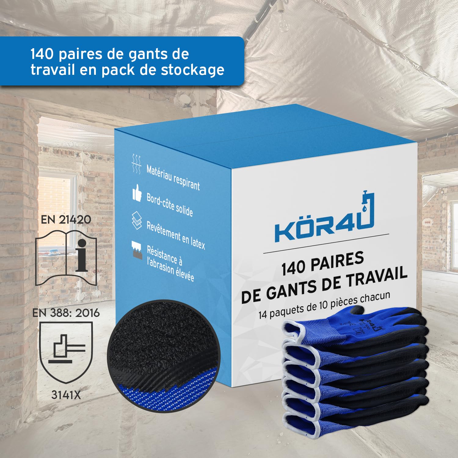 kör4u Lot de 140 paires de gants de travail respirants et enduits Gants de protection Bonne adhérence avec revêtement en latex de haute qualité Haute élasticité