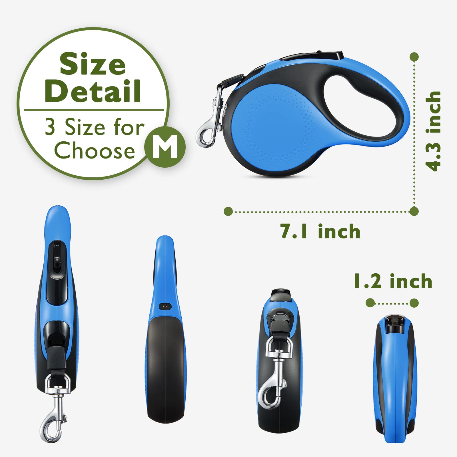 Laisse rétractable durable de 4,8 m pour chiens ou chats de taille moyenne avec lampe de poche LED et port de charge amélioré, pour promener jusqu'à 30 kg, bleu
